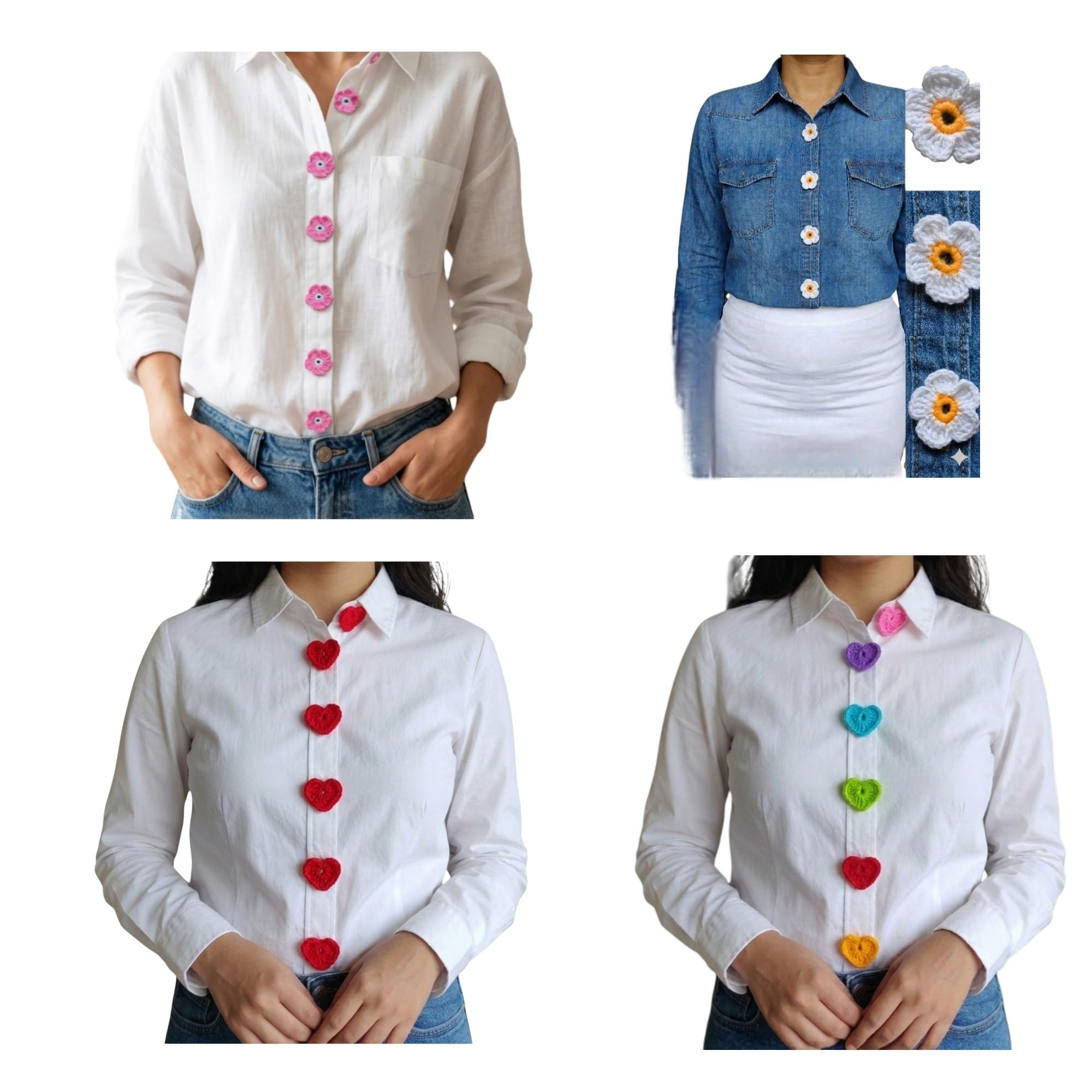 Crochet Amaze Crochet Button Covers, Heart and Flower Shapes, Multicolour, Acrylic, Set of 24, for Shirts and Jackets-image-38