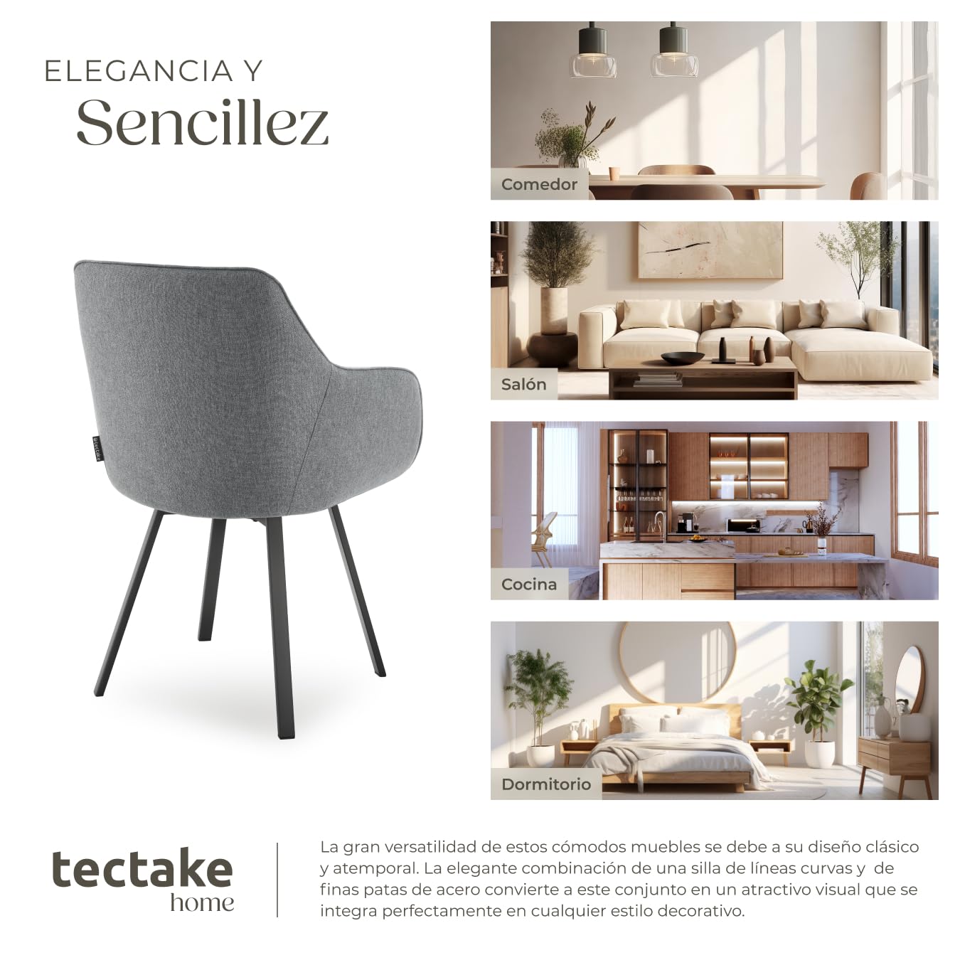 tectake® Silla Giratoria con Reposabrazos, Tapizada y con Acolchado de Alta Densidad, Patas de Acero 360°, Antideslizante, Montaje Rápido, Ideal para Comedor, Cocina y Dormitorio - 4 Sillas Antracita