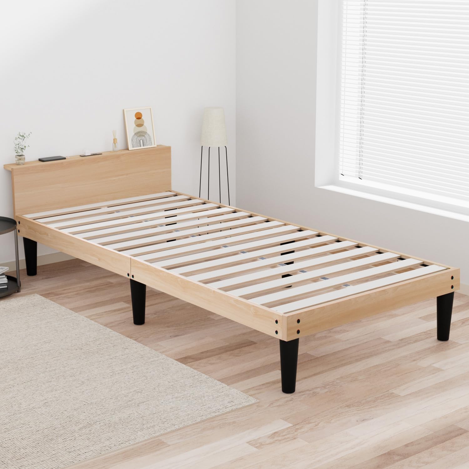 ベッドフレームシングル 宮棚2口コンセント すのこベッド頑丈 耐荷重200kg シングル] 宮棚付きベッド 高さ調節OK 2口コンセント付 ベッド