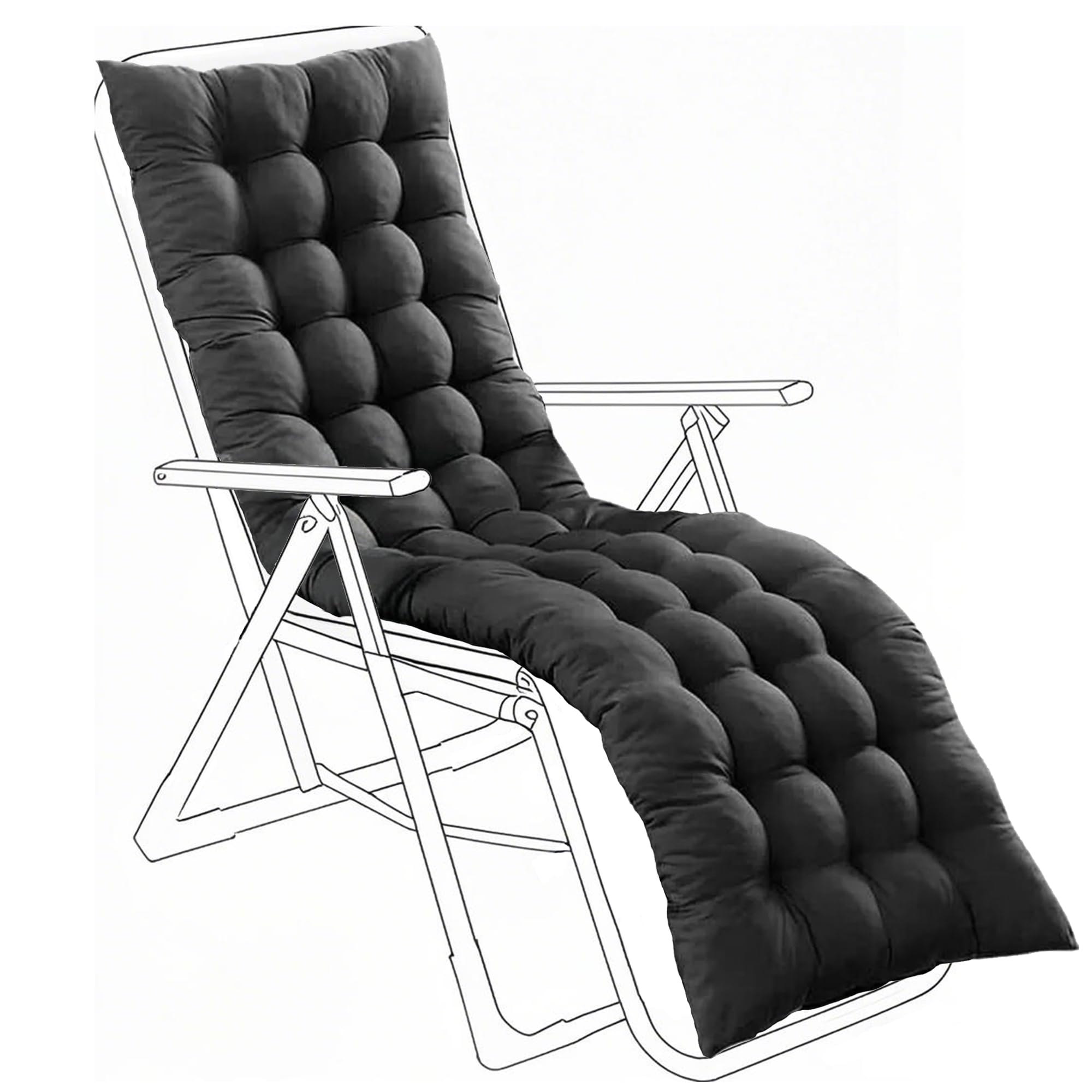 LSLIFE Sun Lounger Cushion, Garden Chair Thick Soft Cushions with Non-Slip Top, Recliner Chair Seat Pads Sunbed Cushion for Indoor Outdoor Garden Patio Beach (Black, 160 * 50 * 10 cm)