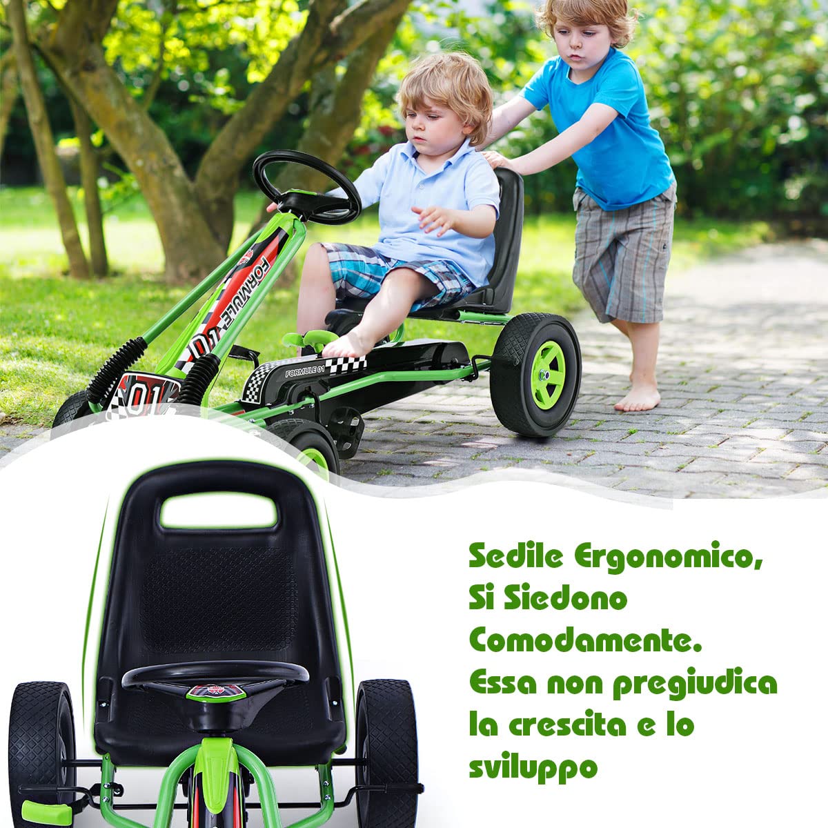 GYMAX Go-Kart a Pedali per Bambini con Sedile Regolabile con Freno e Frizione per Bambini 3-8 Anni, 98 x 59 x 61 cm (Verde)