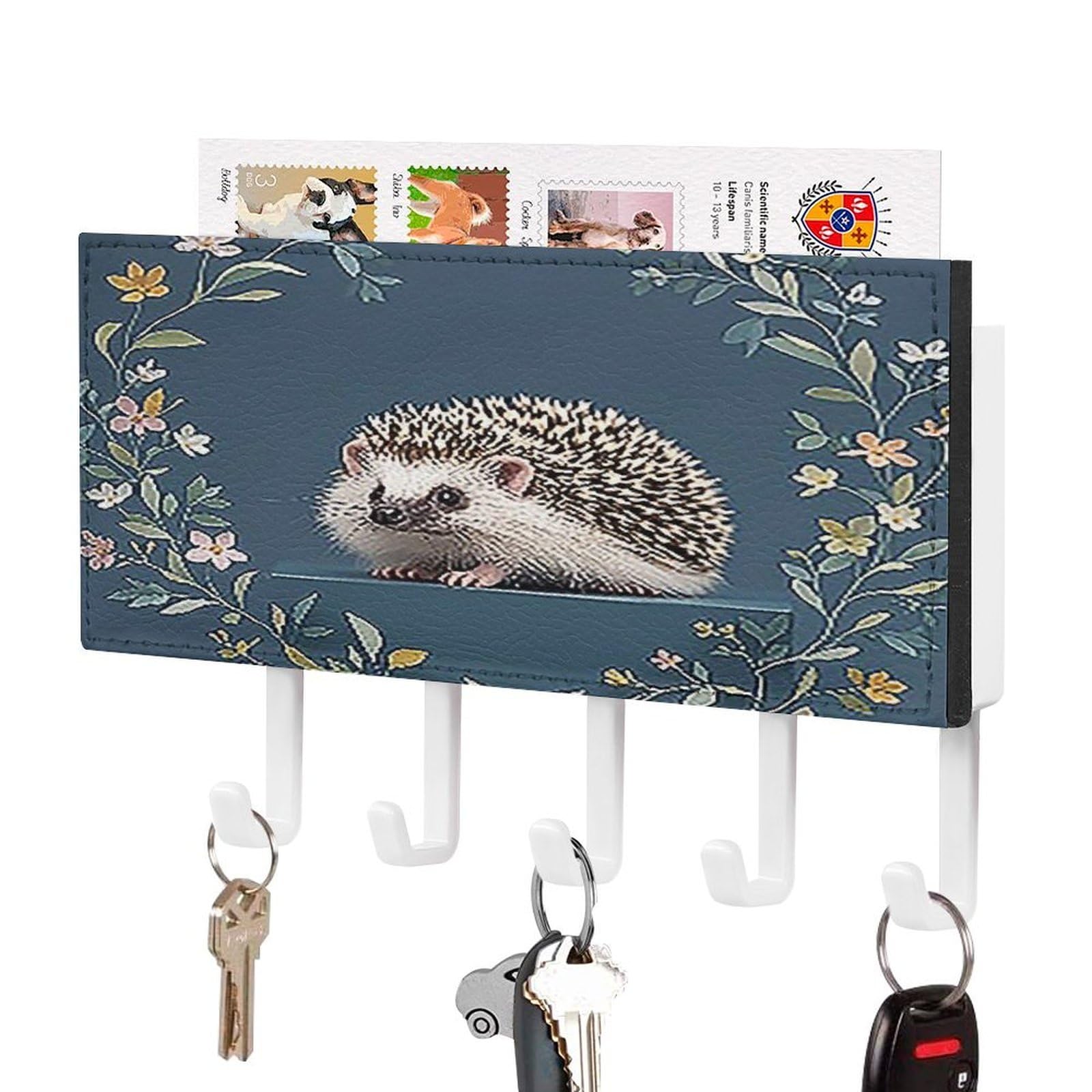 Fekiloot White-Style Cute Little Hedgehog Key Holder Wall Mount Key Hanger With 5 Hooks Decorative Key Rack Hanging Key Hooks With Mail Organizer Key Holder For Wall Living Room Kitchen Bathroom Hallway White