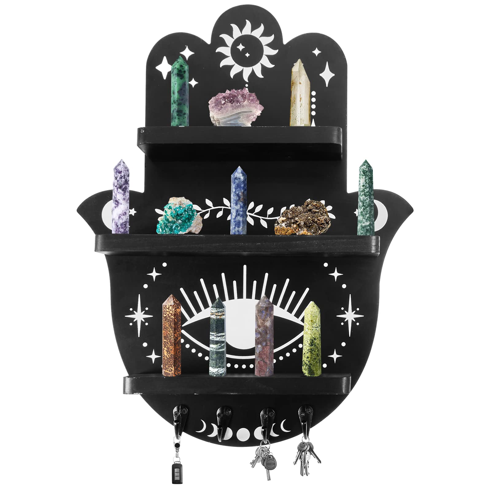 Hamsa Hand Wall Decor Crystal Shelf Rustic Wooden Moon Shelves with Hanging Hooks Crystal Shelf Display Decor Gothic Wall Decor for Bathroom Dinning Room Halloween Supplies