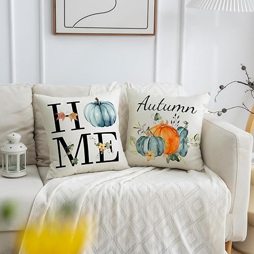 Miniatura 6 de Juego de 4 fundas de almohada de otoño de 18 x 18 pulgadas para acuarela con patrón de calabaza, tonos cálidos, decoración de casa de campo, Acción
