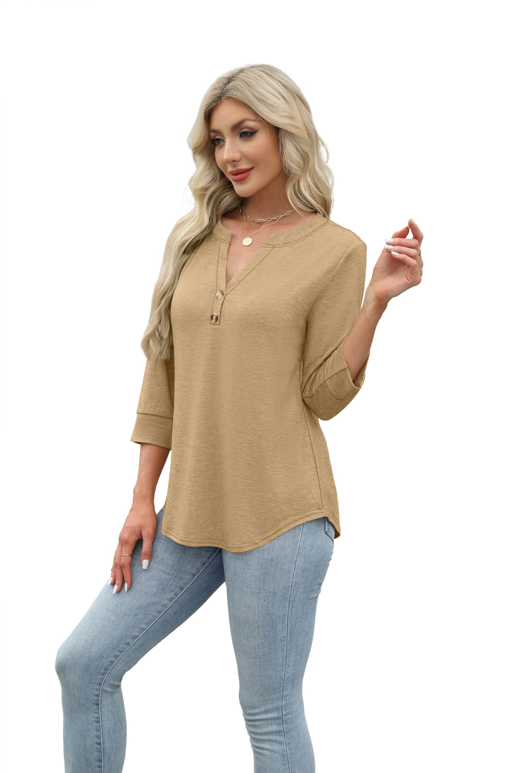 Aokosor Aokosor Womens 3/4 Sleeve Tops Ladies Blouse V Neck Tunic Long Sleeve T Shirts Curved Hem Office Wear in use