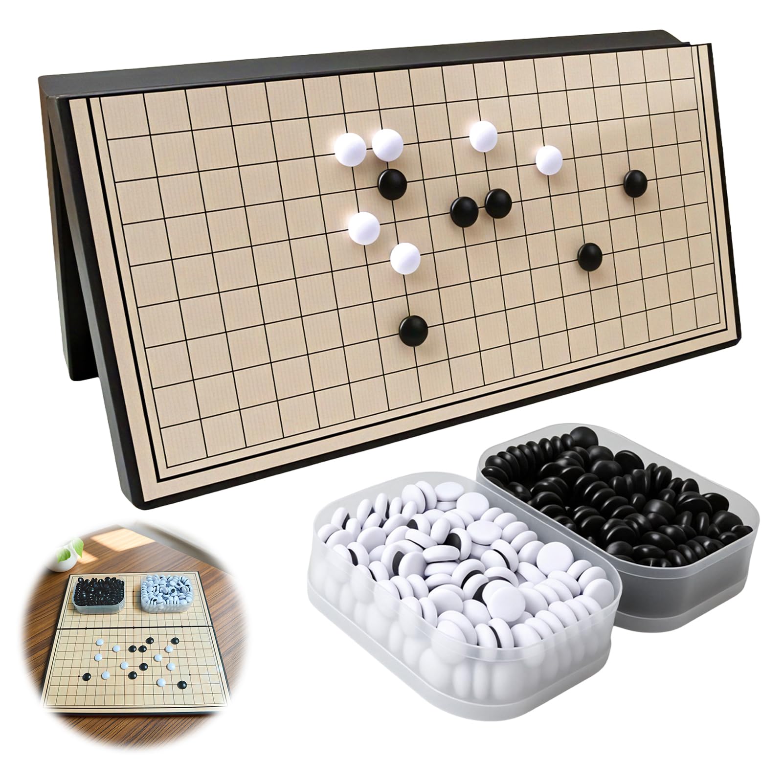 Jeu de Go Magnétique 19x19 – Jeu de Go Pliable et Portable – Jeu de stratégie de Voyage avec Pierres magnétiques – Plateau de Jeu pour débutants et Experts