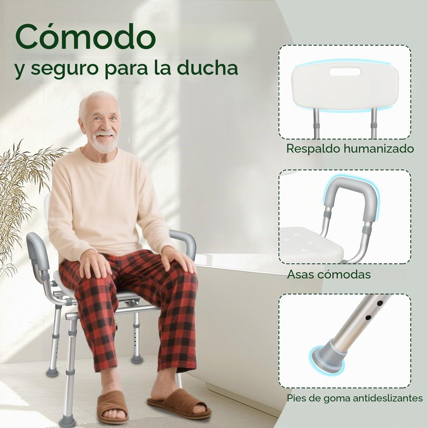 Agrish Silla de Ducha Giratoria 360° con Respaldo y Brazos Extraíbles | Altura regulable, base antideslizante y capacidad de 204 kg; ideal para mayores y personas con movilidad reducida