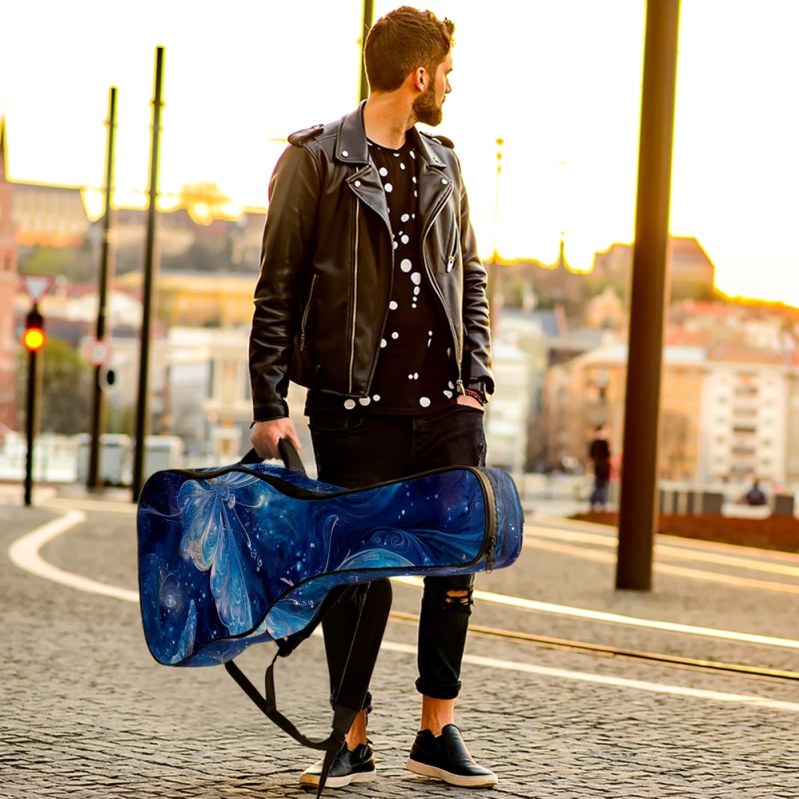43 Zoll Akustikgitarre Softcase mit Rucksackgurt und 2 Taschen Blau leuchtende Schmetterlinge, keine Polsterung, Rucksack Wasserdicht Oxford Tuch Bassgitarre Gigbag für Konzertgitarre,
