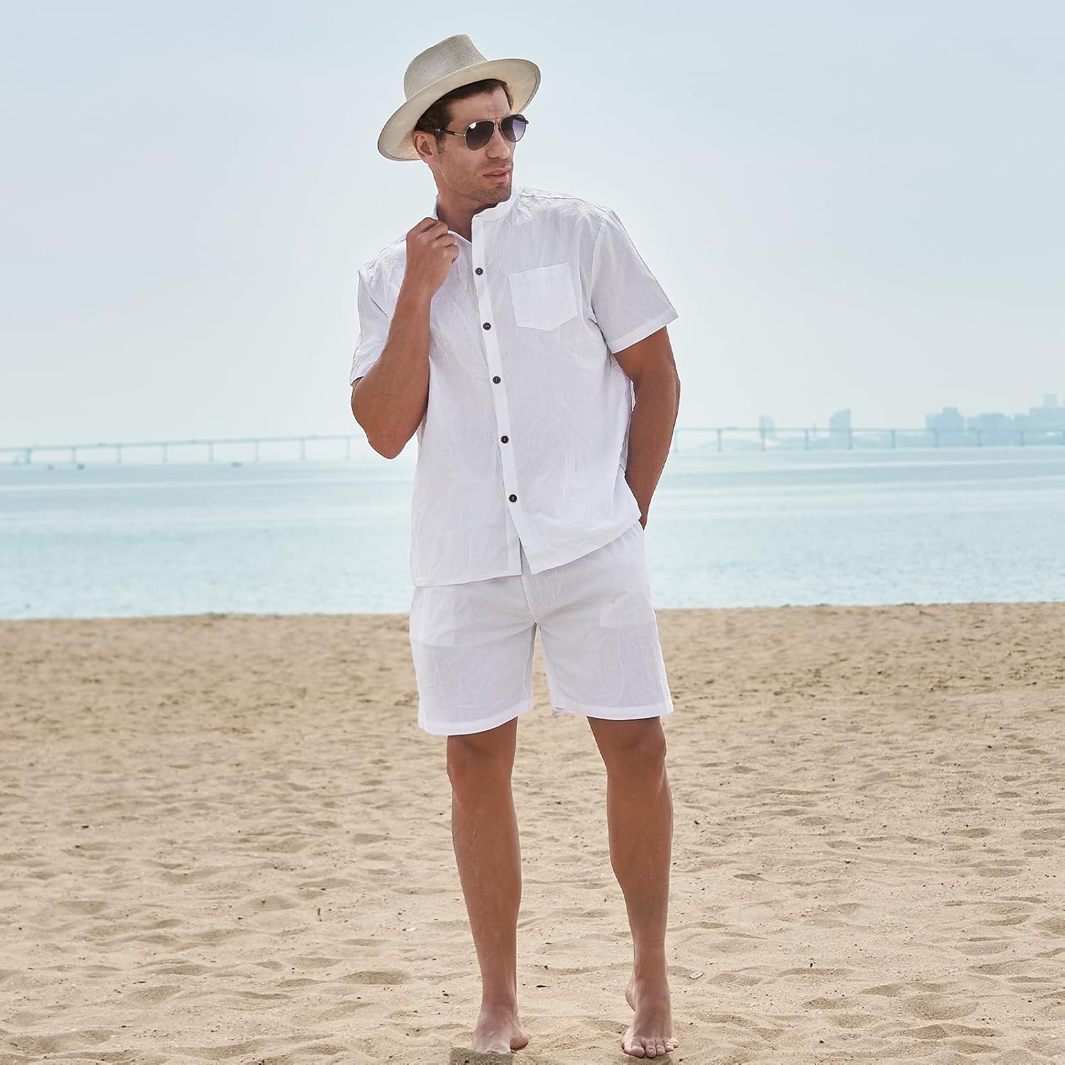AOTORR Men's 2 Piece Linen Set Button Down Short Sleeve Shirt and Short Beach Outfit - Image 2