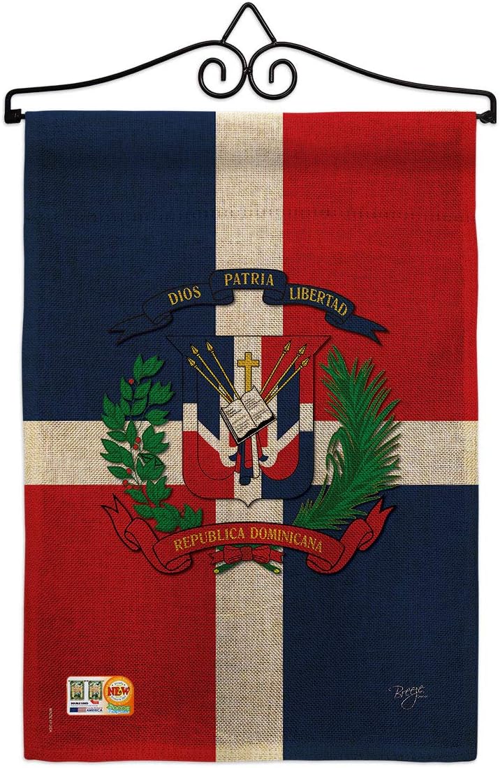 Dominican Republic Burlap Garden Flag Set with Stand Regional Nationality Nation International World Country Particular Area Small Decorative Gift Yard House Banner Double-Sided Made In USA 13 X 18.5