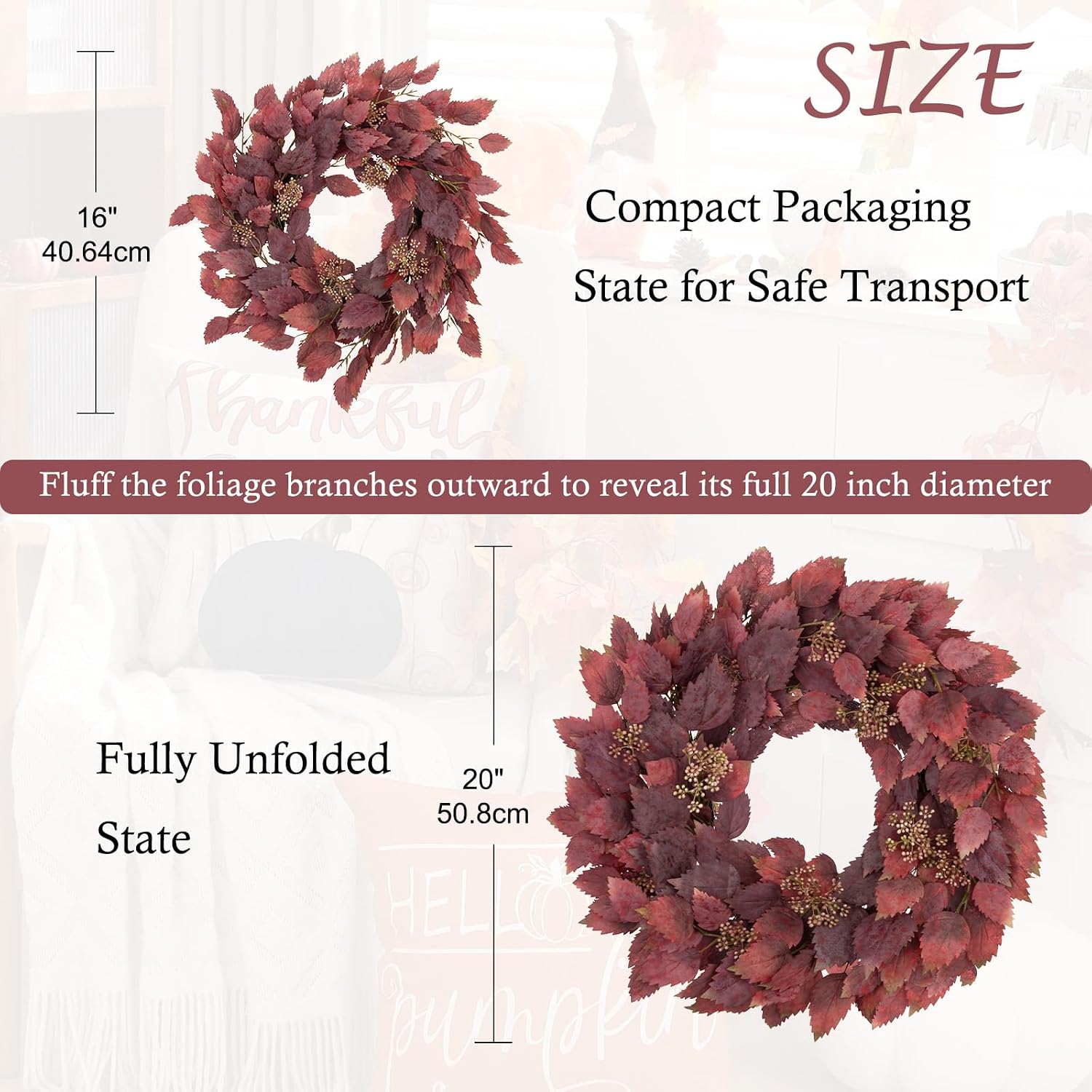 20" Fall Wreath for Front Door with Artificial Burgundy Birch Leaves
