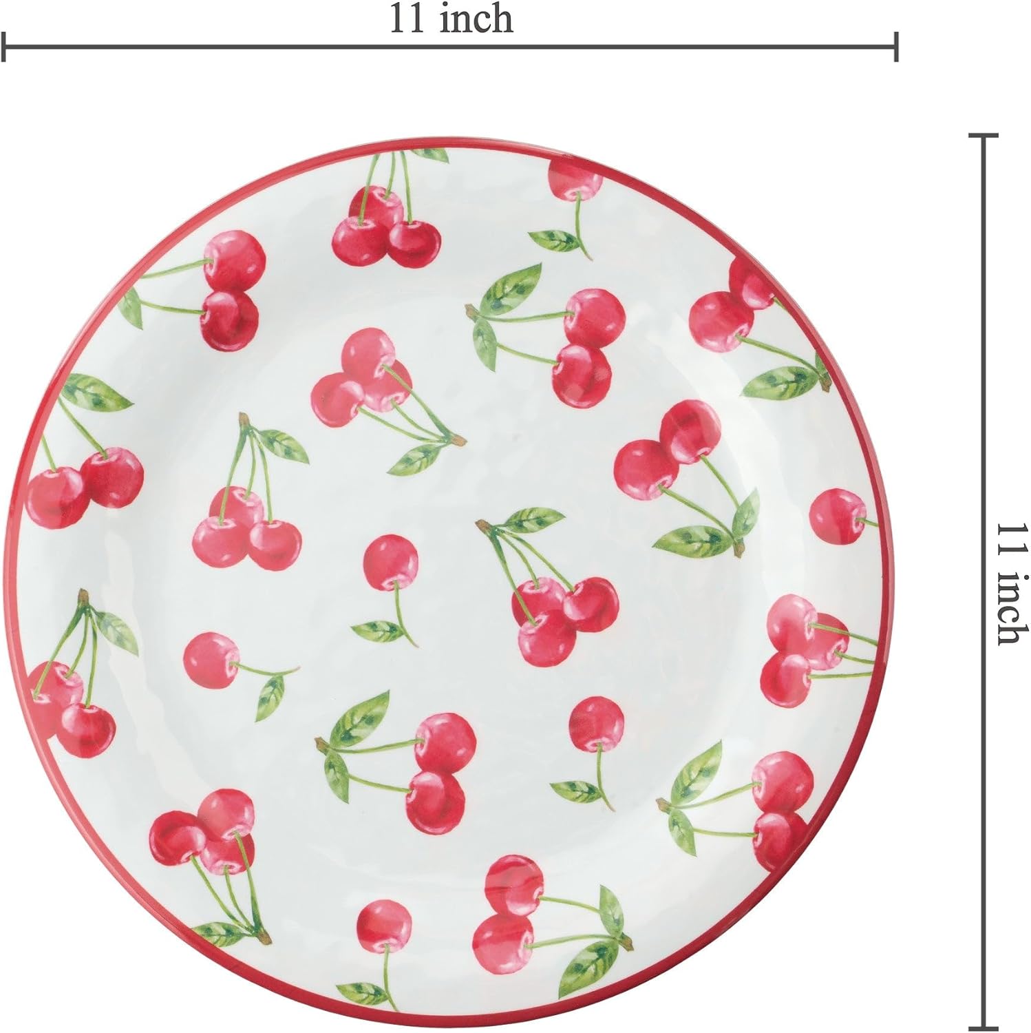 UP UPware Cherry Melamine Dinner Plate Set, Round Plates for Main course, Pasta, and Salad, BPA-Free, Dishwasher Safe, Red, 11 Inch, Set of 6