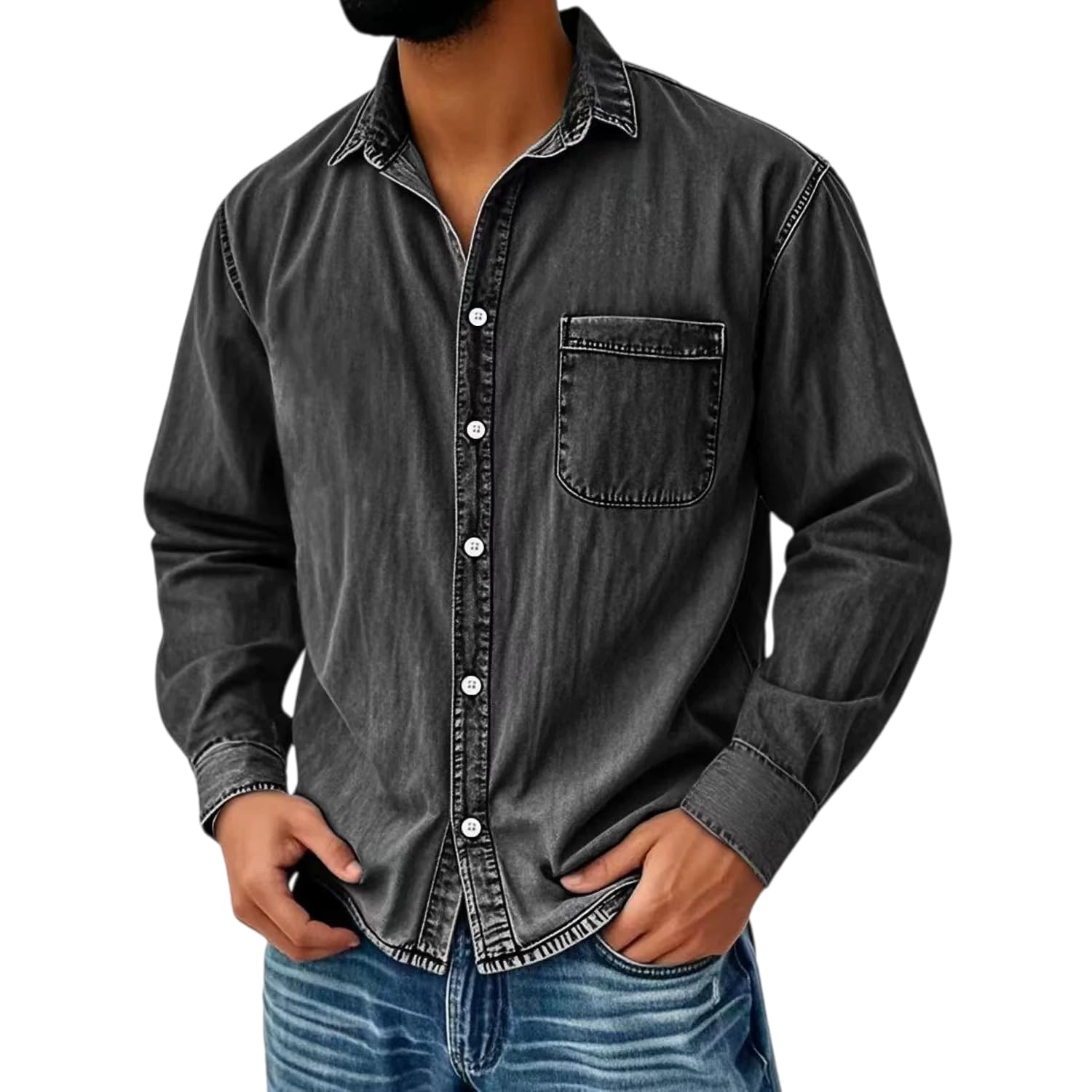 Camicia Da Uomo In Denim Effetto Vintage Lavato, Giacca Stile Oktoberfest Con Tasche, Vestibilità Regolare, Maniche Lunghe, Abbottonatura Frontale, Top Western Per Autunno/Inverno, Da Indossare Tut