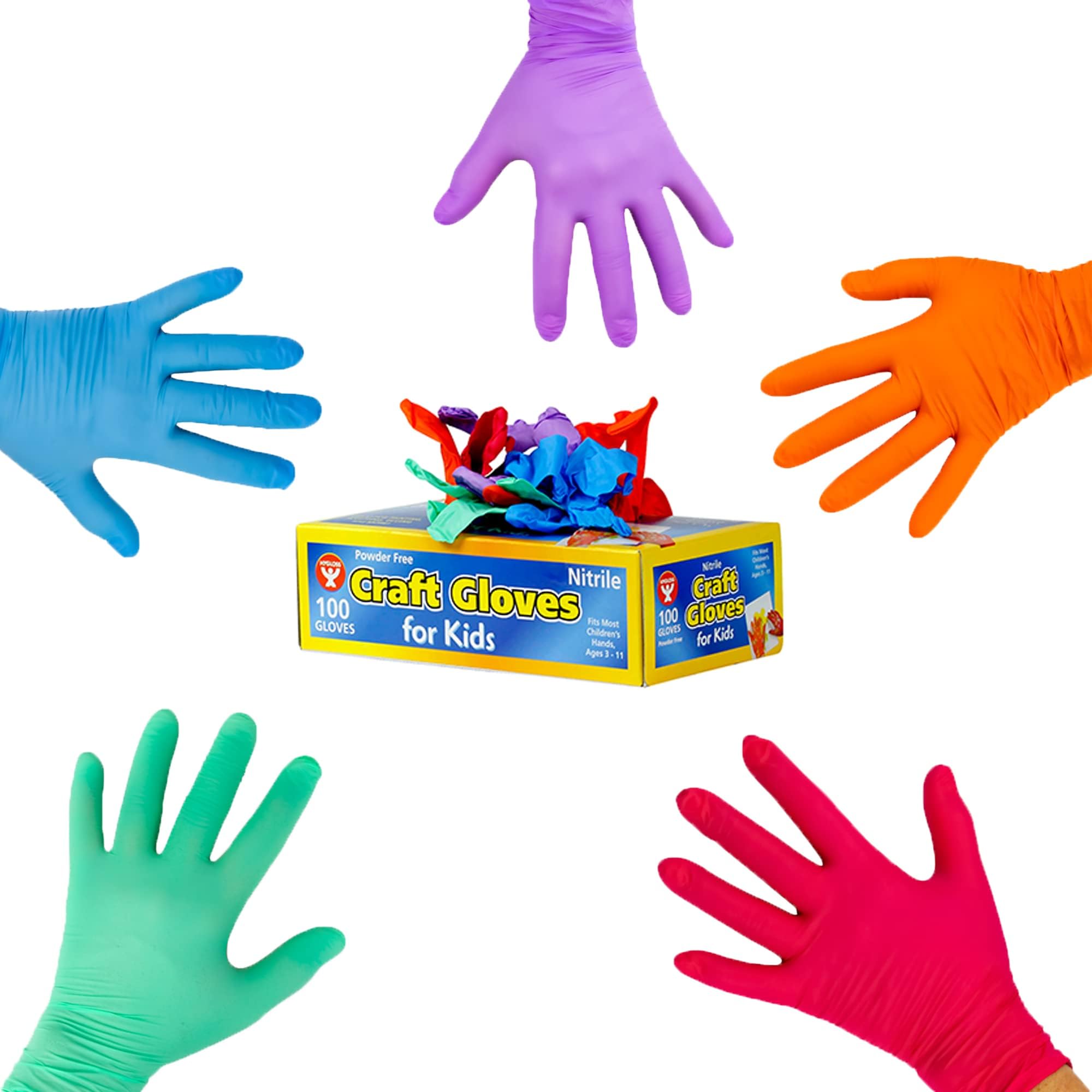 Hygloss Kids Disposable Gloves, 100 Pcs Colorful Nitrile Glove for Kid, Small Size Latex-Free, Powder-Free Gloves for Tie-Dye, Crafts, Cooking, Cleaning - Age 5-12