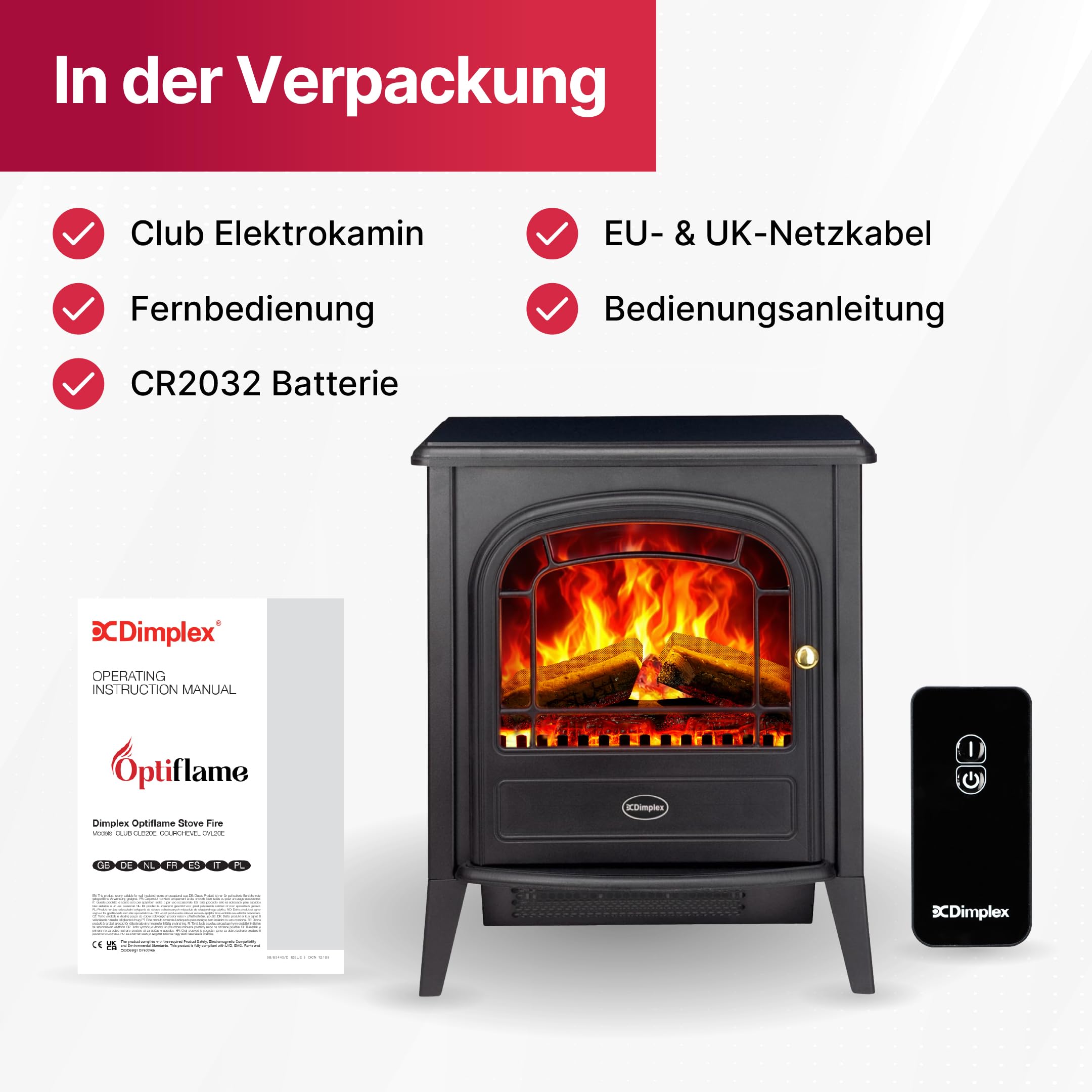Dimplex Club Elektrokamin - Freistehender Elektrischer Kamin mit Holzscheit- Glutbett und Optiflame LED-Flammeneffekt - Zuschaltbarer 2kW Heizlüfter - Inklusive Fernbedienung