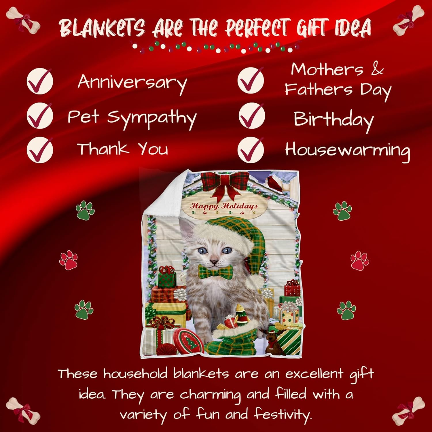 Doggie of the Day Bengal Cat Blanket - Christmas House with Presents - Super Soft & Warm Pet Theme for Sofa or Bed, Warm Fleece, Sherpa or Woven Material, BLNKT65941 (30x40 Fleece)