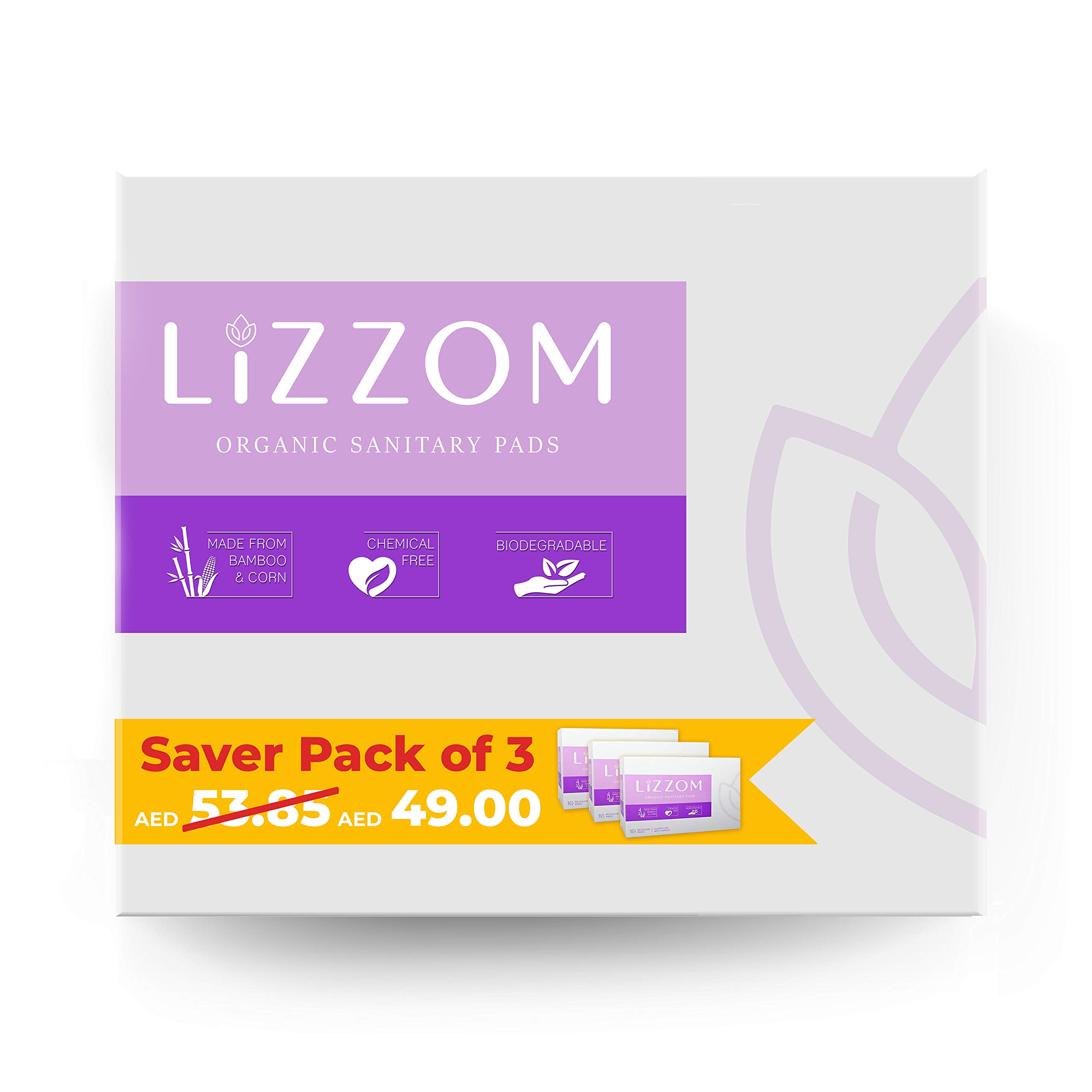 LiZZOM Super Saver Three Pack (30 Regular Pads), Organic Unscented, Hypoallergenic, Odor & Rash free.