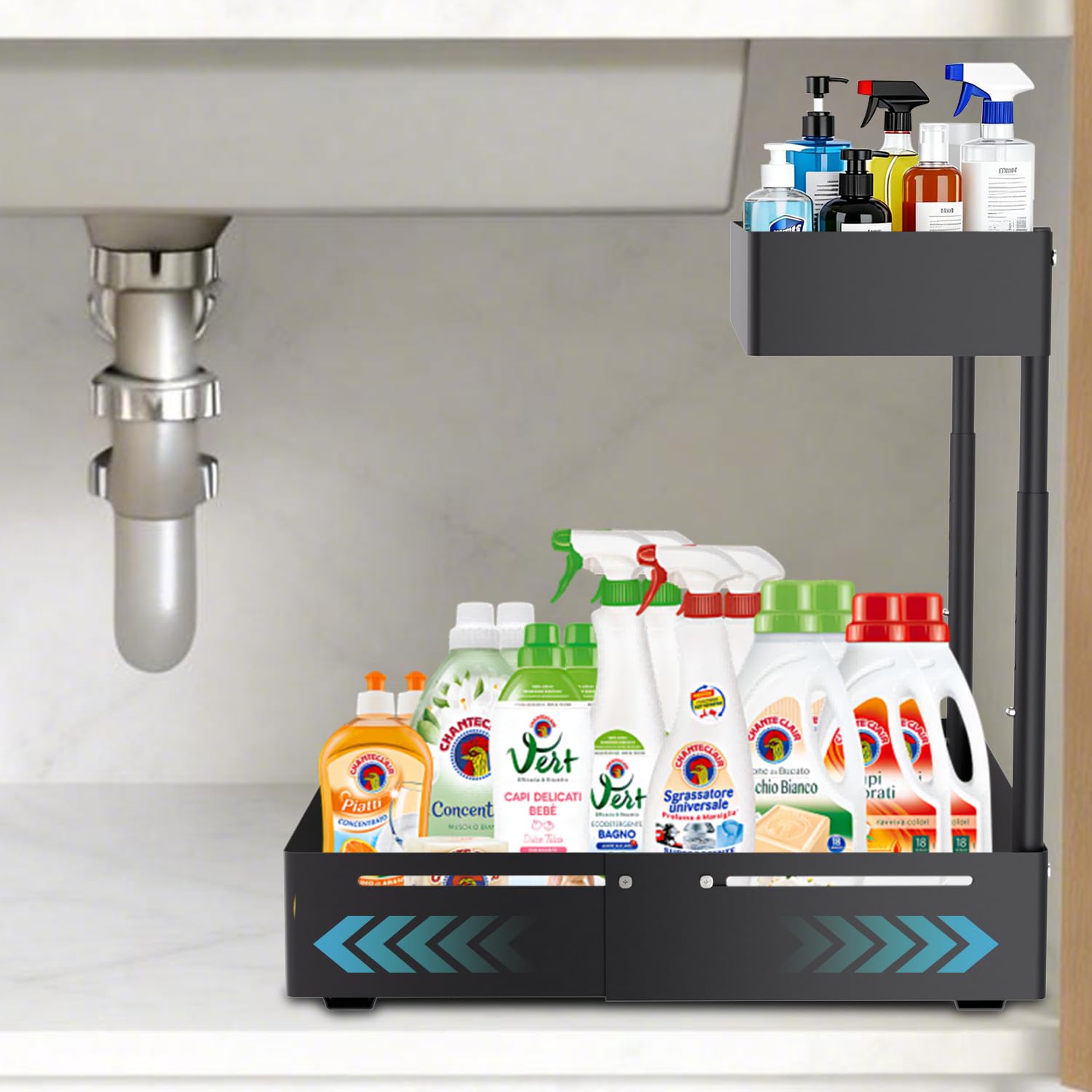 Organisateur de cuisine, étagère sous évier, étagère de Rangement Extensible, Panier de Rangement Réglable en Hauteur Pour la Cuisine, la salle de Bain, les Produits d'entretien, Noir