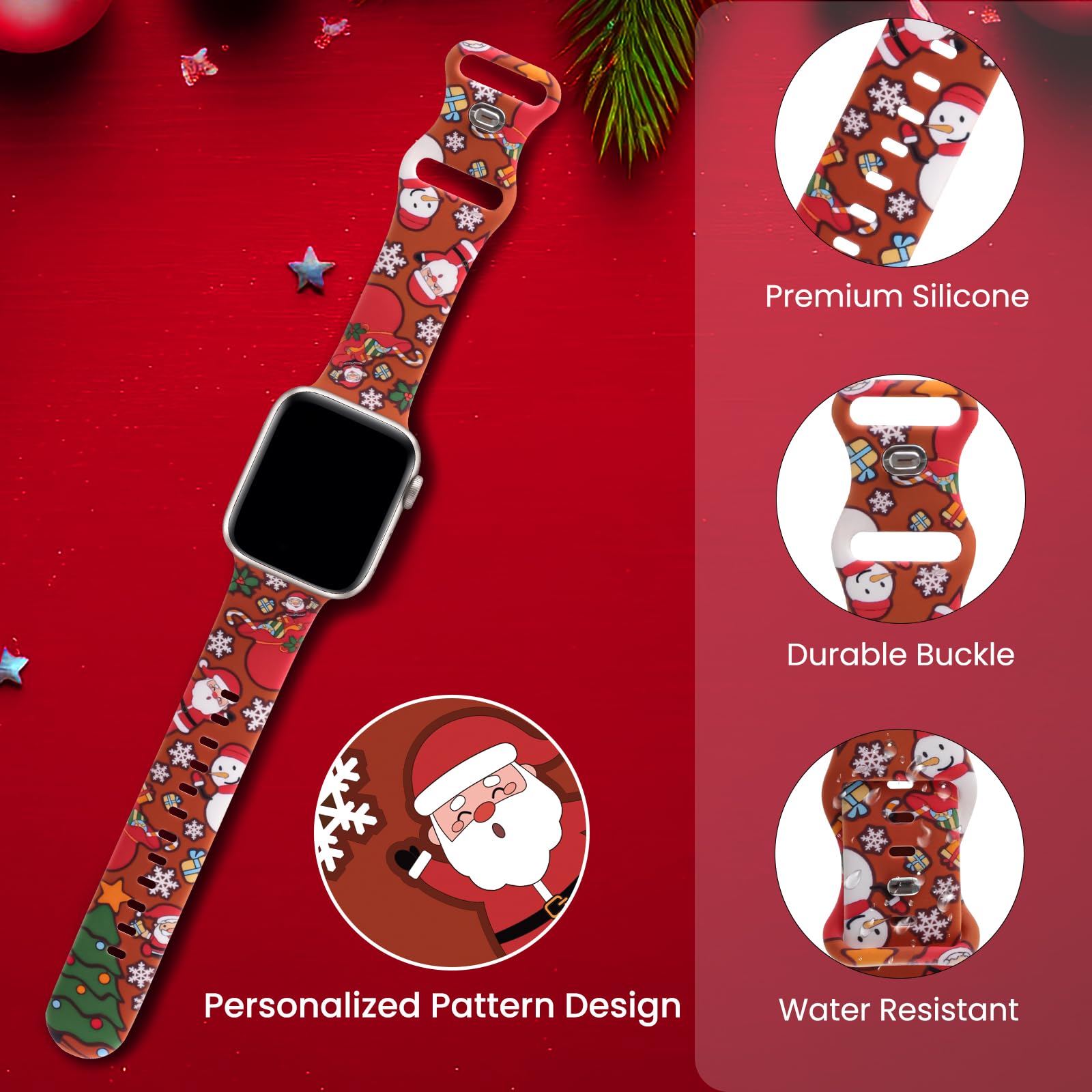 TSAAGAN Christmas Silicone Bands Compatible with Apple Watch Band 38mm 40mm 41mm 42mm 44mm 45mm 49mm, Soft Strap Pattern Printed Wristband for iWatch Series 9 8 SE 7 6 5 4 3 2 1 Ultra Women Men