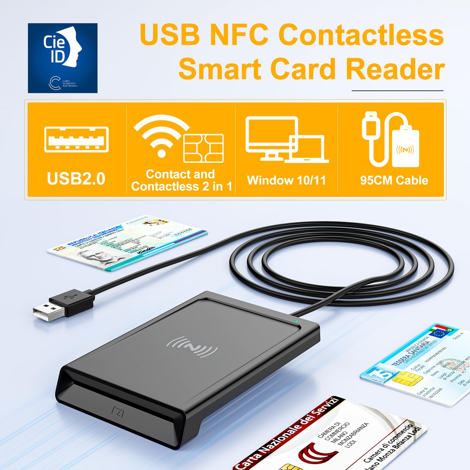 Lettore CIE 3.0 Carta d'identità Elettronica e Tessera Sanitaria Italiana,USB Lettore Smart Card Firma Digitale Lettore Smart contatto e contactless CIE/CRS/CNS,Lettore NFC per PC Windows 10 11 Linux