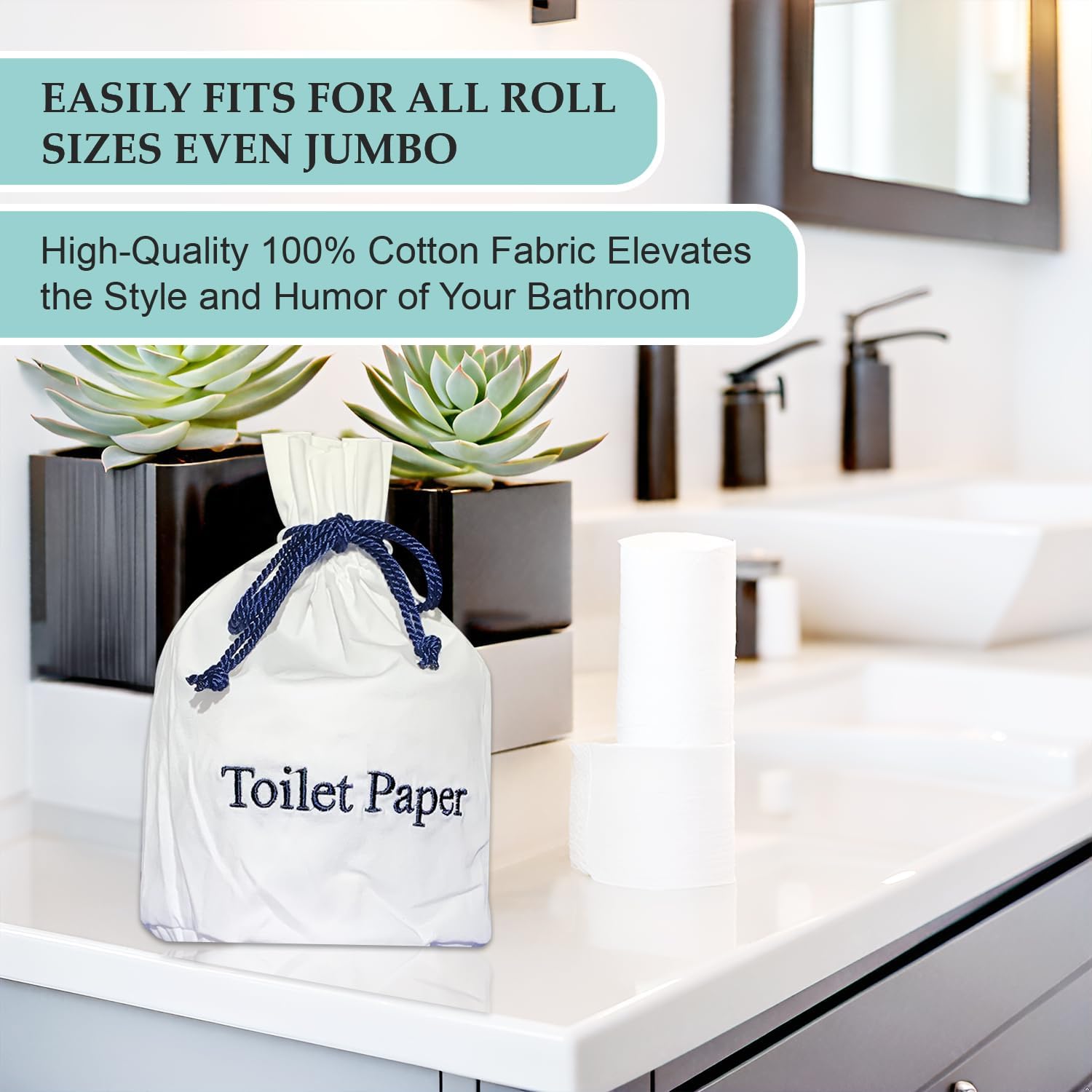 Toilet Paper Roll Cover - 9" x 5.5" Reusable Cotton Toilet Paper Cover with Drawstring Closure – Decorative Bathrooms Tissue Roll Holder Bag