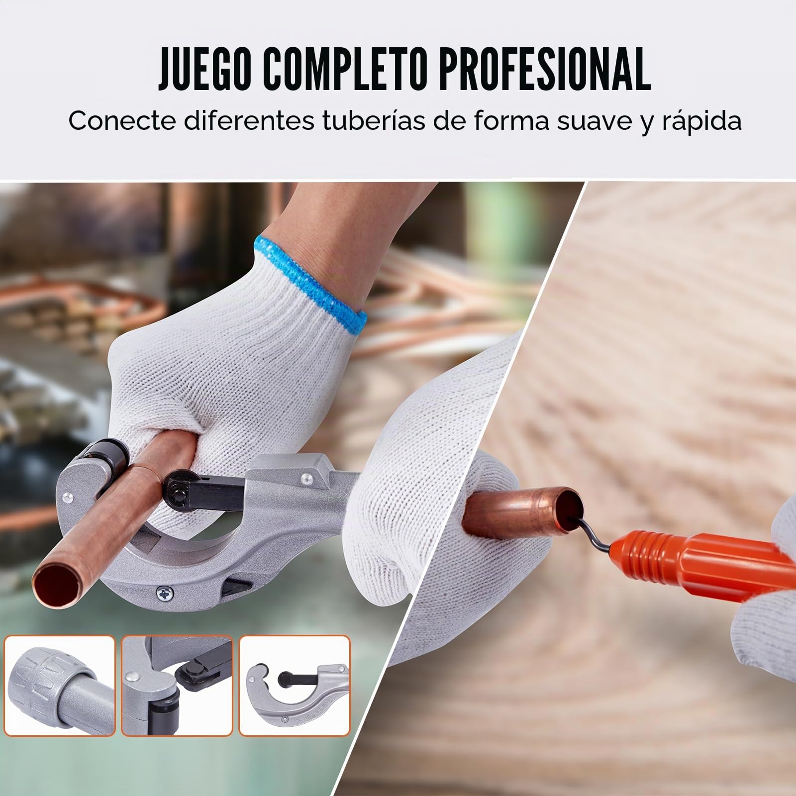VEVOR Expansor Hidráulico de Tubos HAVC de 3/8" a 1-1/8" Kit de Estirador de Tuberías con 7 Cabezales de Expansión Herramienta Desbarbadora Cortatubos para Tubos de Cobre Aluminio Latón Acero Blando