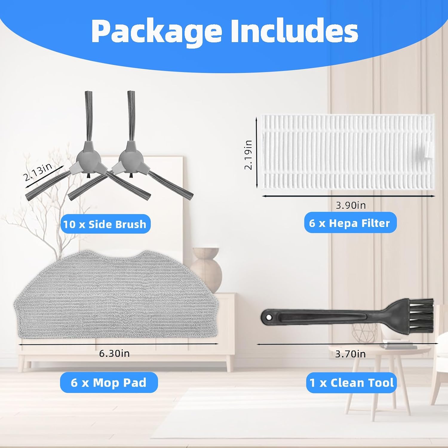 Image detailing the dimensions of the side brushes, HEPA filters, and mop pads, along with the cleaning tool.