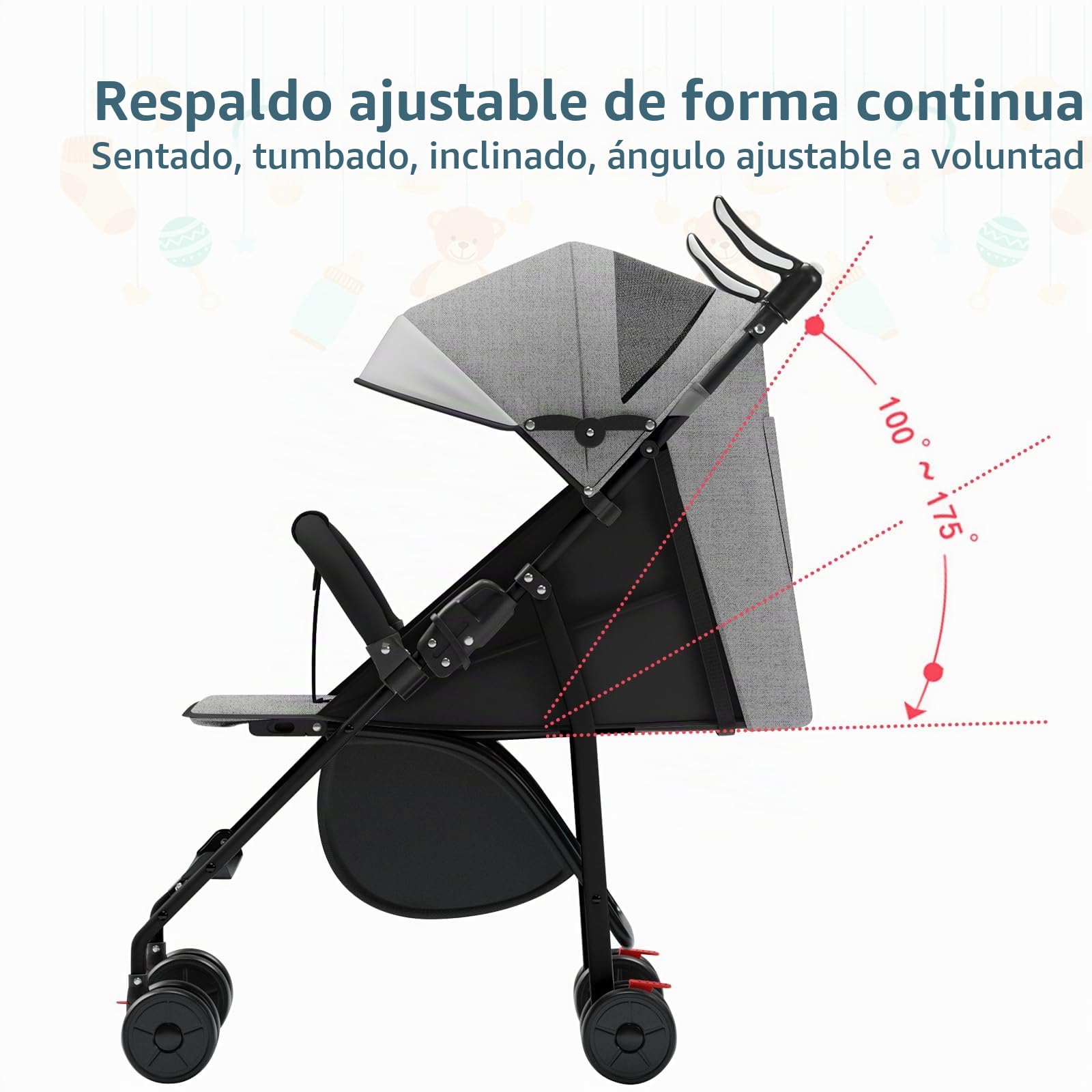 OHMG - Cochecito compacto de 0 a 4 años, ligero y manejable, plegable con una mano, respaldo reclinable, arnés de 5 puntos, cochecito ligero con toldo y mosquitero, carga 25 kg (A-Gris)
