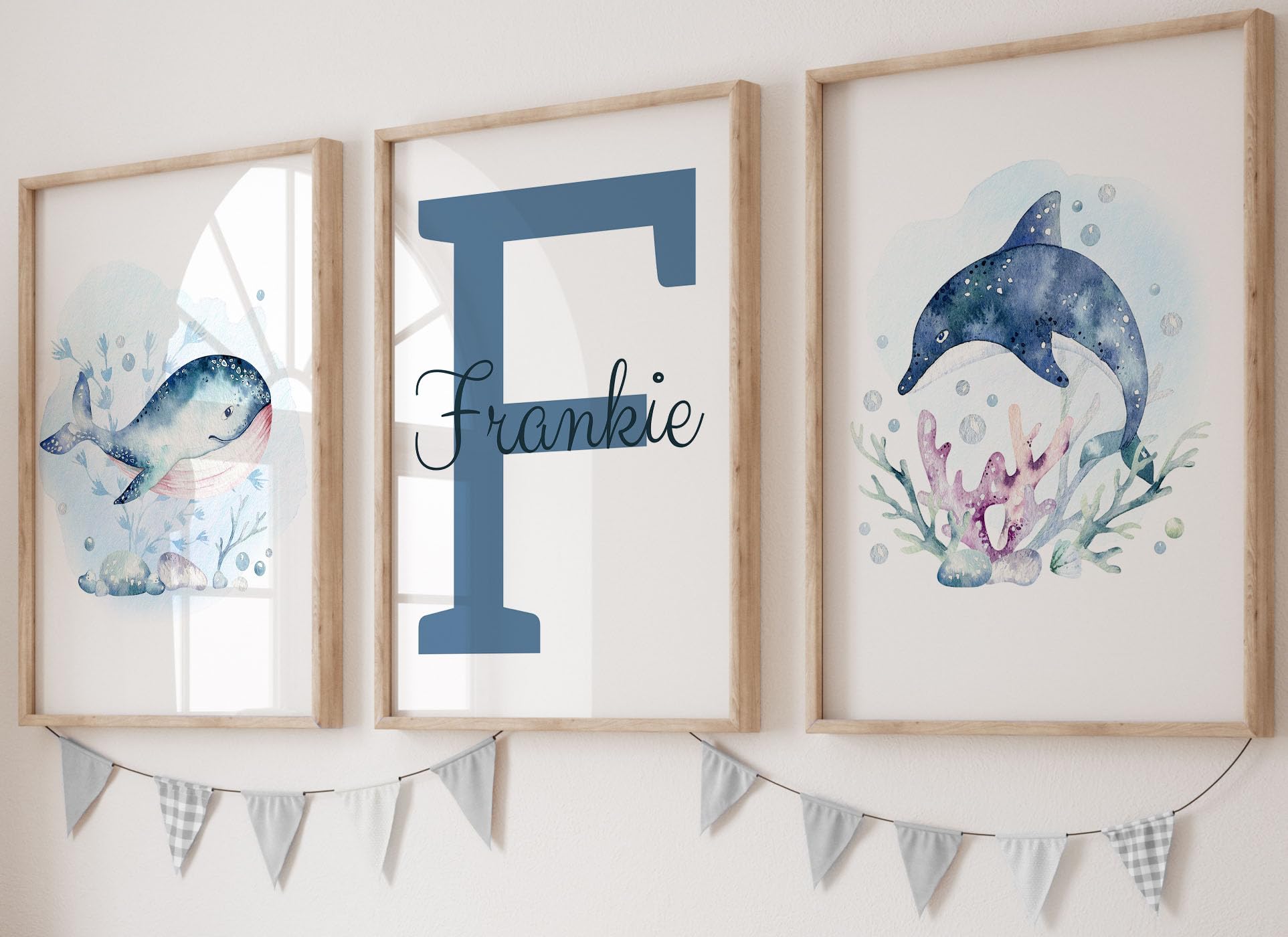 Under The Sea Nautical Unframed Baby Boy Girl Nursery Bedroom Set of 3 Poster Prints, Personalised Name, Whale Dolphin Wall Art Decor, New Baby Gift (A4)