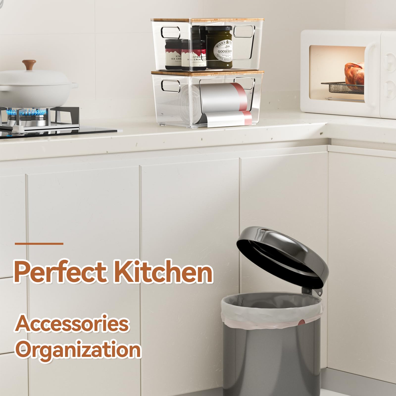 spospo Paquete de 2 soportes para bolsas de basura con tapa de bambú, dispensador de bolsas de basura apilables | Soporte extra grande para bolsas de basura para cocina, lavandería, organización y almacenamiento debajo del fregadero
