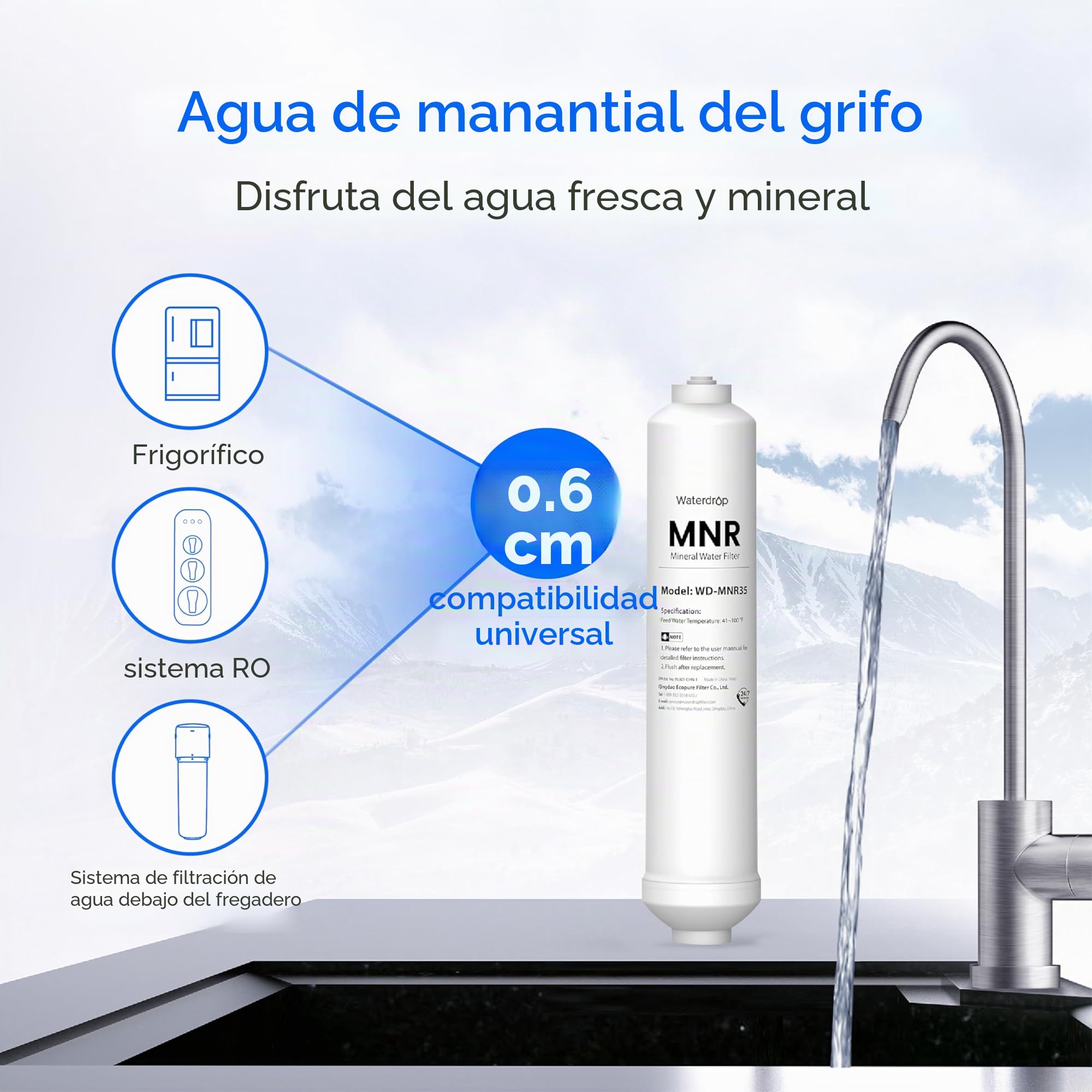 Waterdrop G3P600 Sistema de Ósmosis Inversa con Filtro de Agua en Línea de Remineralización, Posfiltro de Conexión Rápida de 1/4" para Sistema de Filtro de Osmosis Inversa RO, Restauración d