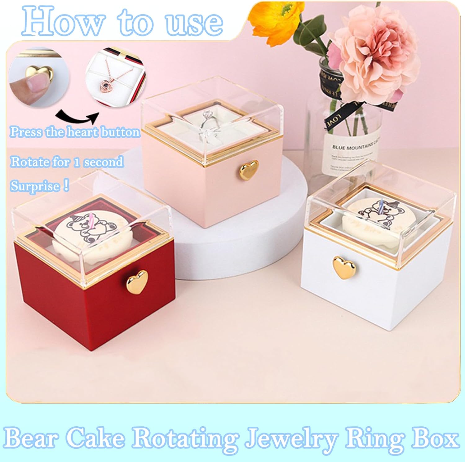 Little Bear Cake Rotating White Ring Box for Proposal, Engagement Ring Box Wedding Day Birthday, surprise Ring Bearer Box Rotating Jewelry Box for Necklace Ring Jewelry Earrings Bracelet Gift - Image 6