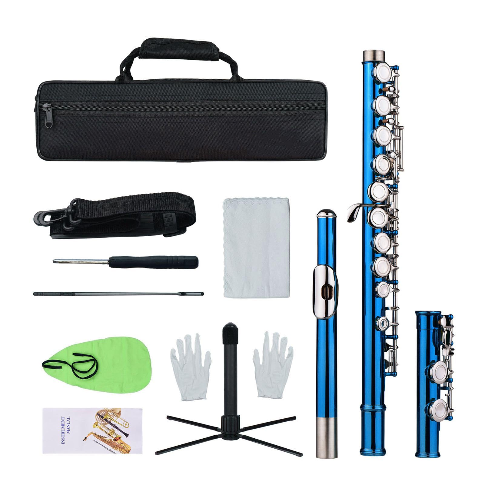 Fafeicy Flauta en C con Material de Cuproníquel de 16 Orificios Cerrados, Color Brillante y Elegante para Interpretación y Práctica Diaria, Incluye Estuche de Transporte Accesorios (azul verde)