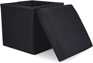WoneNice Folding Storage Ottoman, Versatile Space-Saving Storage Toy Box with Memory Foam Seat, Max Load 100 kg Linen Black 12 x 12 x 12 Inch