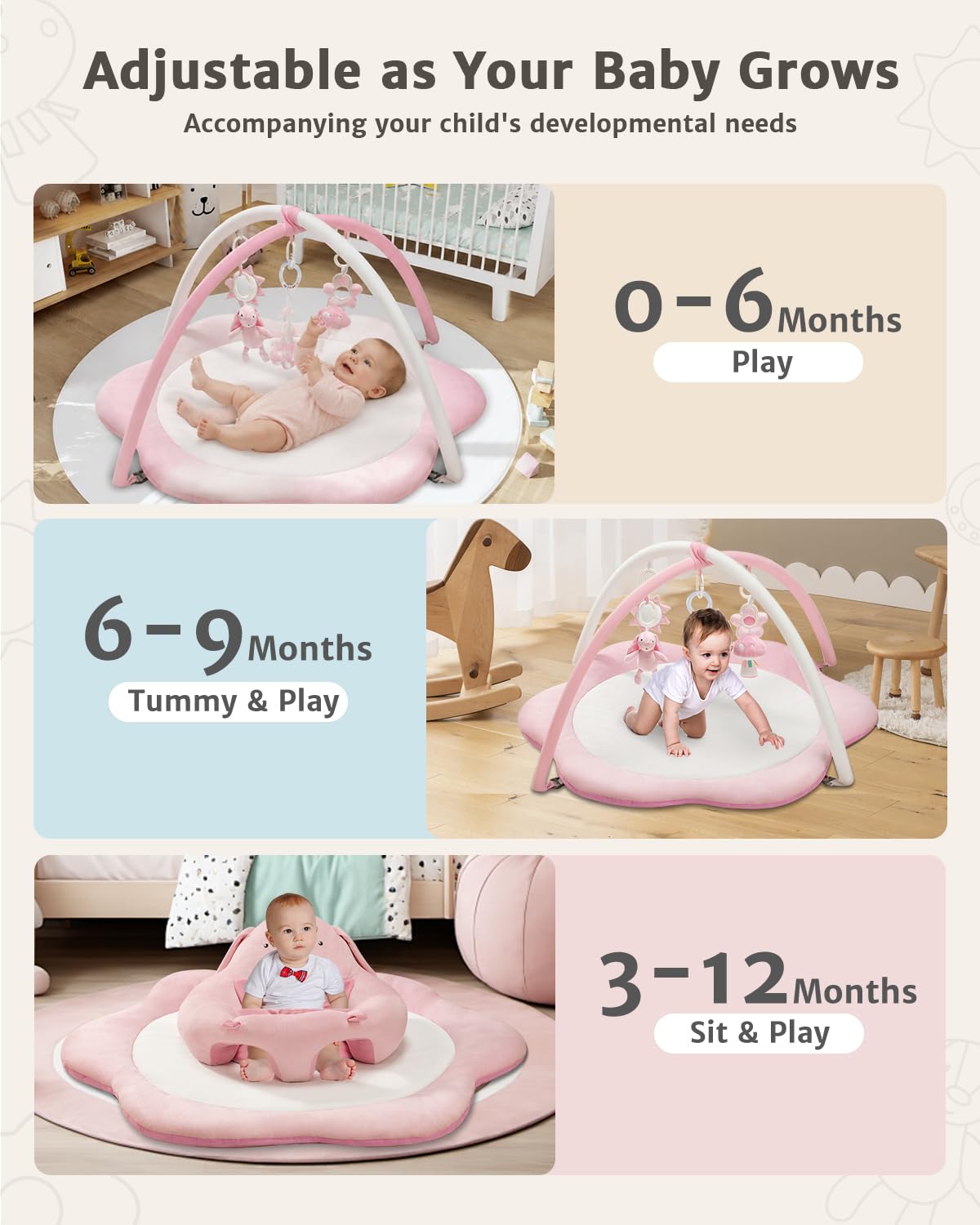 Tapete de juego 3 en 1 para bebés, asientos de bebé para sentarse, tapete de tiempo boca abajo con 5 juguetes desmontables, gimnasio de actividades para bebés de 0 a 6, 6 a 12 meses, regalos para baby