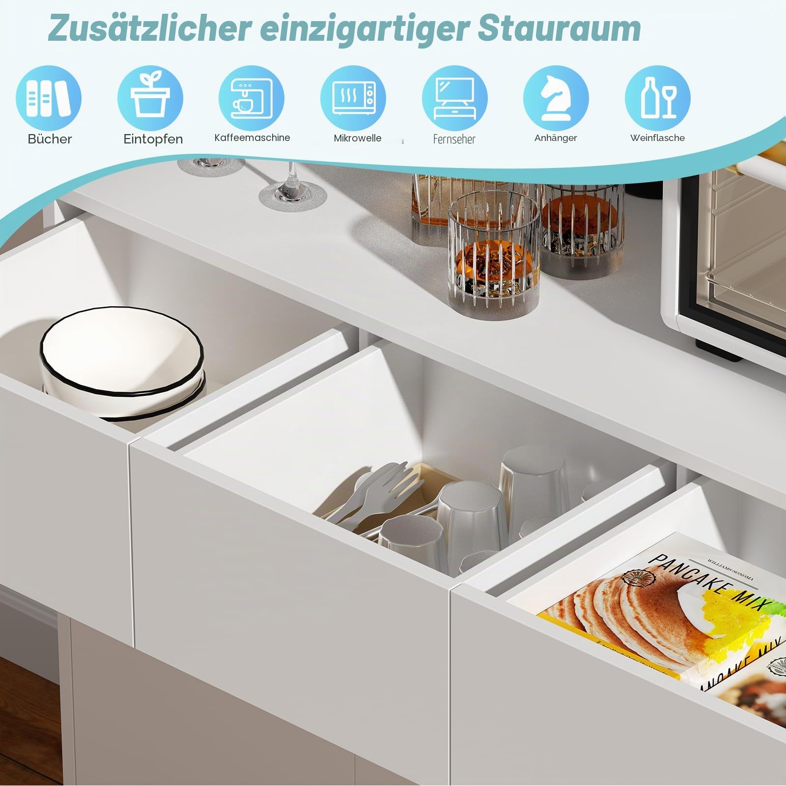 Küchenschrank mit Arbeitsplatte, Buffetschrank mit 4 Steckdose und DIY LED-Beleuchtung, 170cm Küchenschränke, Sideboard mit Schubladen, Vorratsschrank für Küche, Wohnzimmer, Schlafzimmer