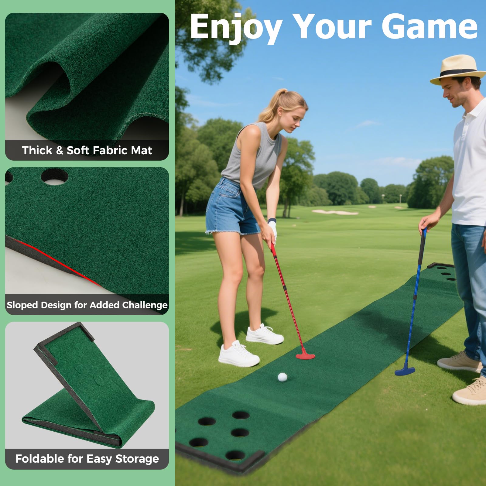 LIFEZEAL Tapis de Putting Golf Portable, Set Jeu Pong avec 2 Putters Réglables, 6 Balles et Sac de Transport, Tapis Entraînement Golf Professionnel pour Intérieur et Extérieur, Bureau, Jardin, Famille