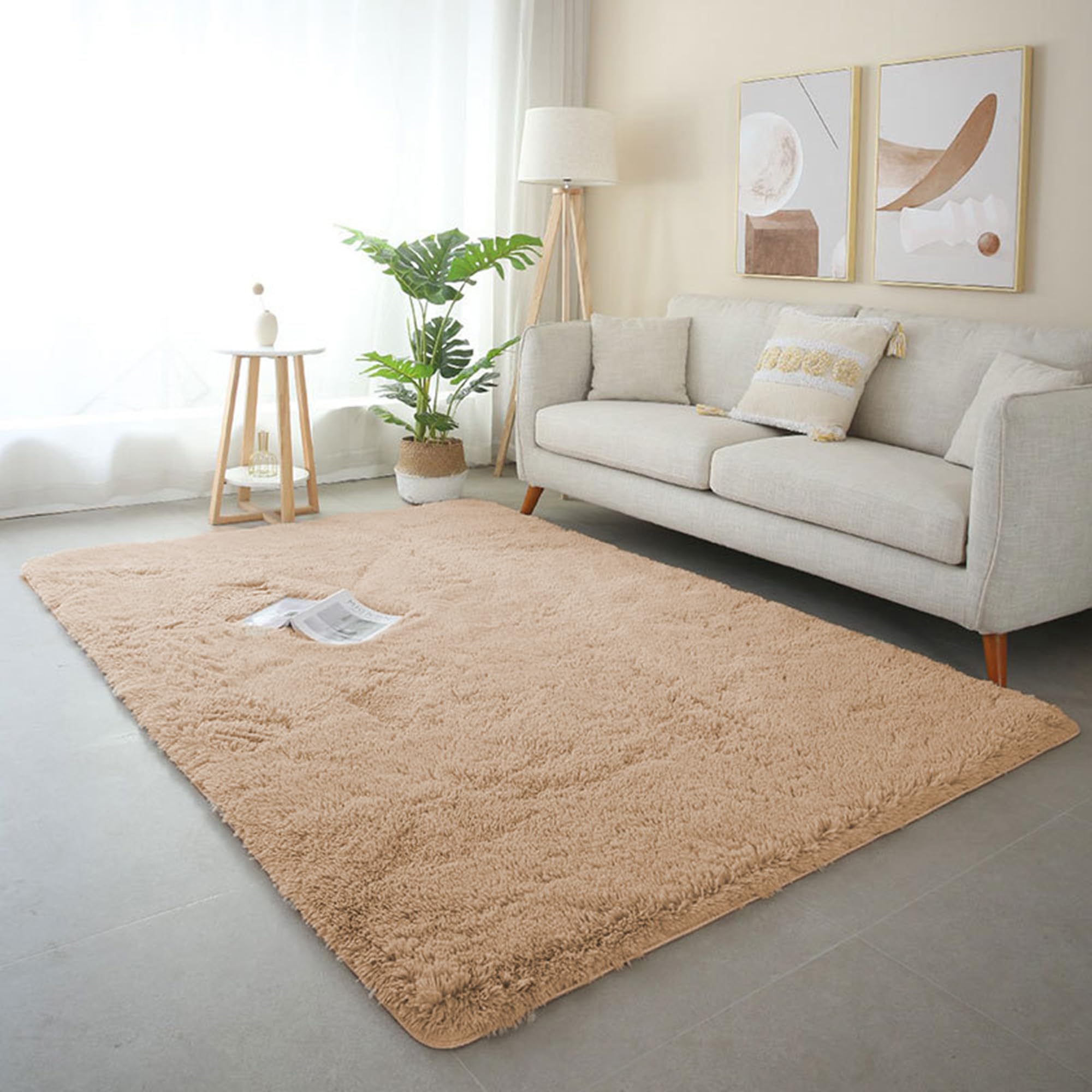 Tapis à poils longs doux pour chambre d'enfant, grand modèle camel lavable