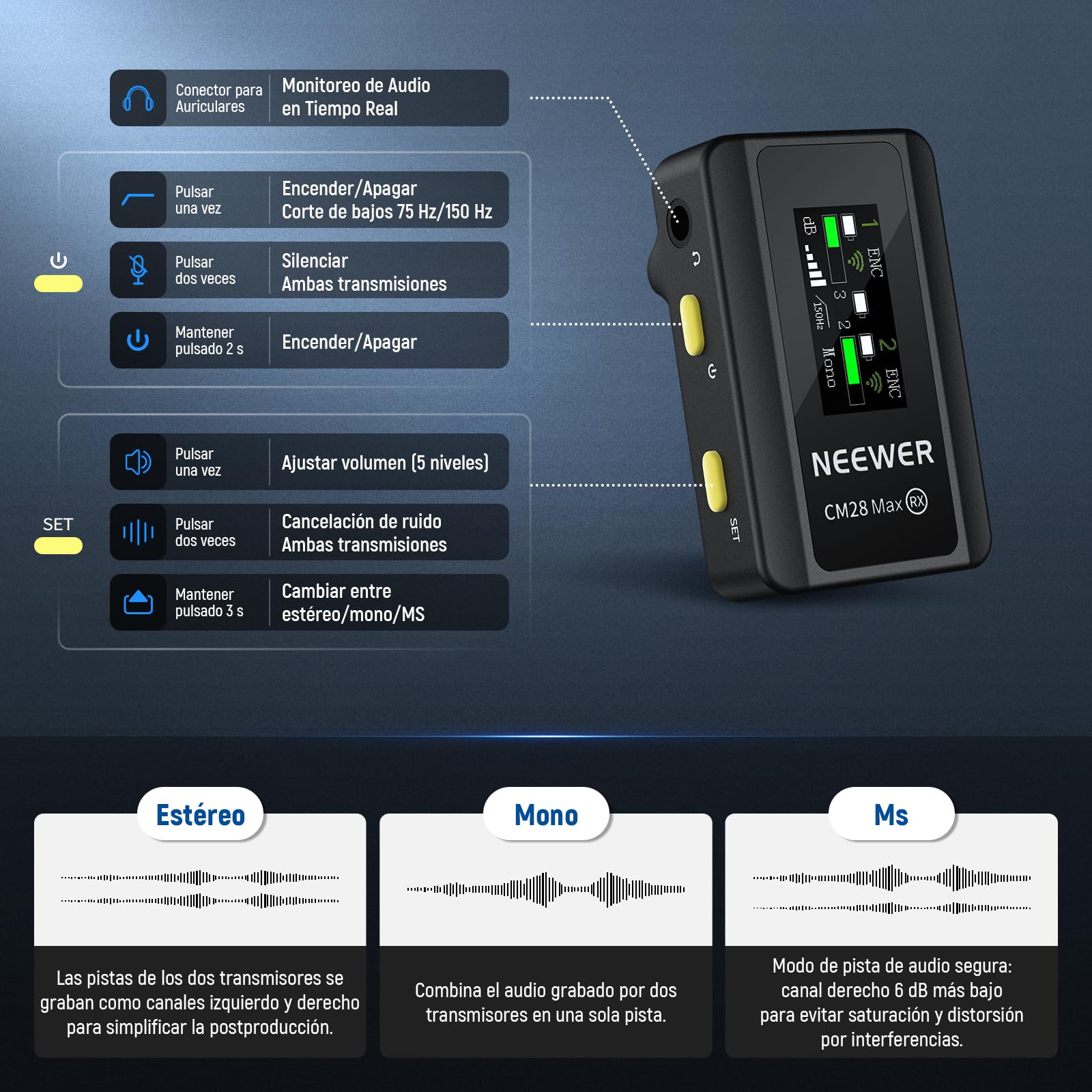 NEEWER CM28 Ultra Inalámbrico Lavalier Solapa Micrófono Sistema Estuche Carga Sin Comprimir 48KHz 24Bit 8GB Almacenamiento Grabación 14H Cancelar Ruido Mini Mic para iPhone iPad Android Cámara PC