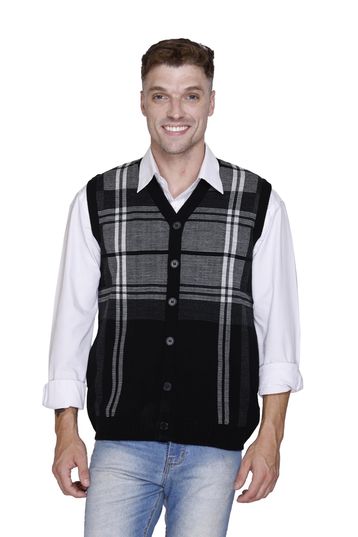 Sleeveless Front Open Buttoned Woollen Sweater for Men with Pockets