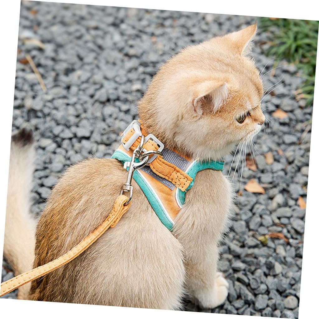 Adjustable Cat Vest Leash Set with Reflective Harness Strap, Soft Chest Strap for Kitten Walking, Anti-Escape Portable Cat Walking Rope in Orange and Green Size S