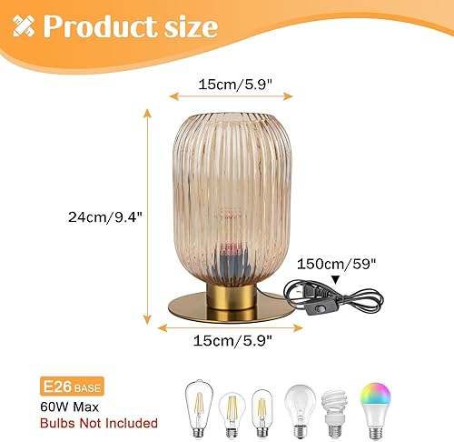 Miniatura 7 de Lámpara de mesa pequeña, lámpara de mesa moderna de mediados de siglo, lámpara de mesa de globo de vidrio acanalado ámbar, lámpara de mesita de