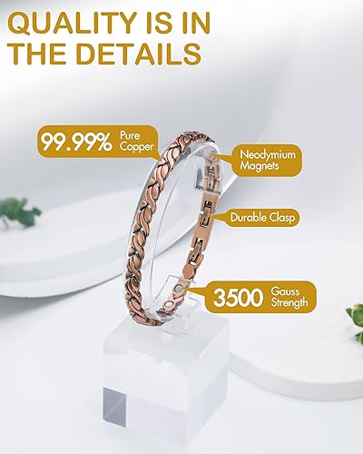 Miniatura 7 de Feraco Pulsera de cobre puro para hombres y mujeres, pulseras magnéticas ultra resistentes para hombres y mujeres con imanes de neodimio, ajustable,