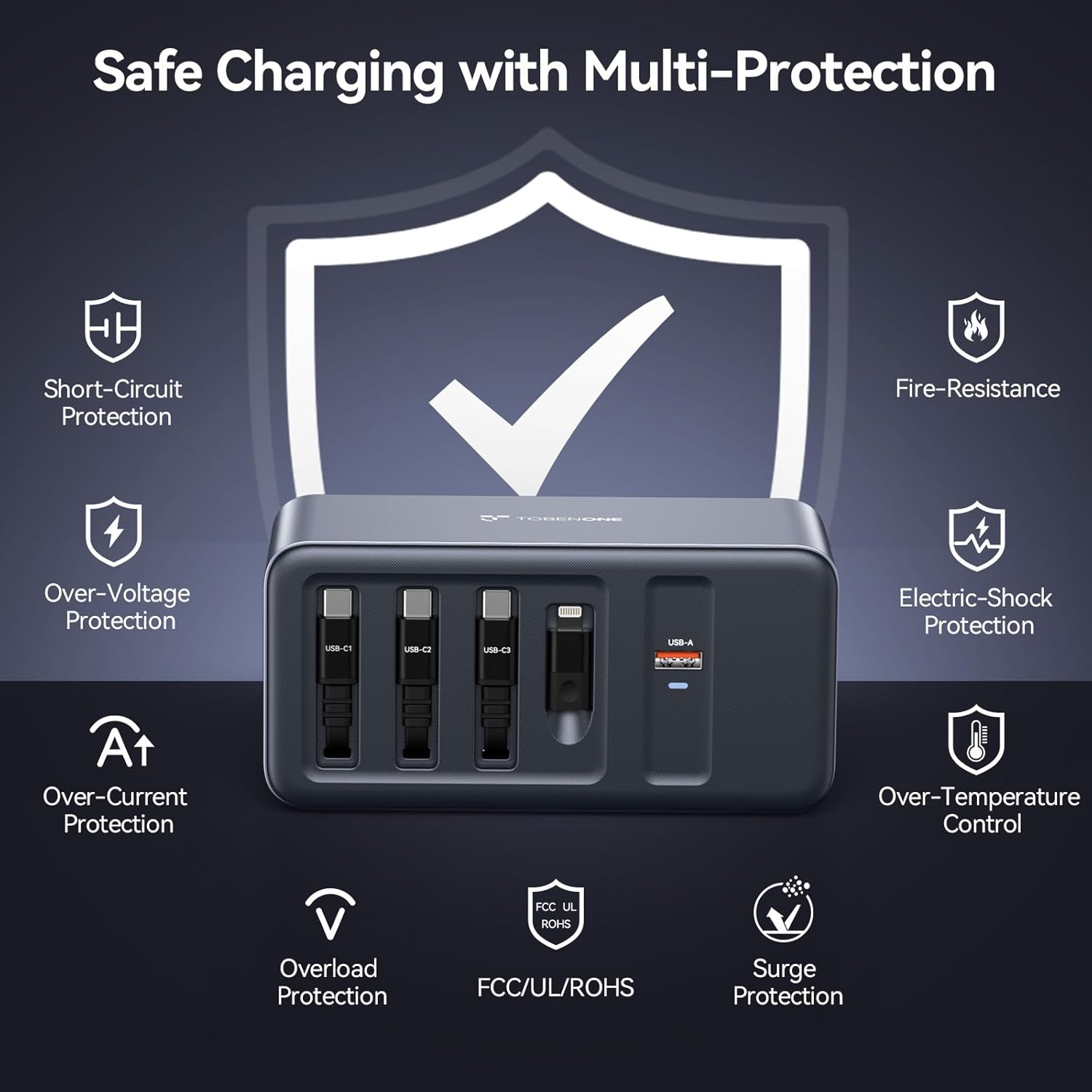 TobenONE 165W USB C Charging Station with Built-in Retractable Cable(2.3ft) & Lightning Adapter, 3 USB C, 1 USB A, 100W Desktop Fast Charging for MacBook, iPhone 17, iPad, Samsung, Home, Office - Image 8