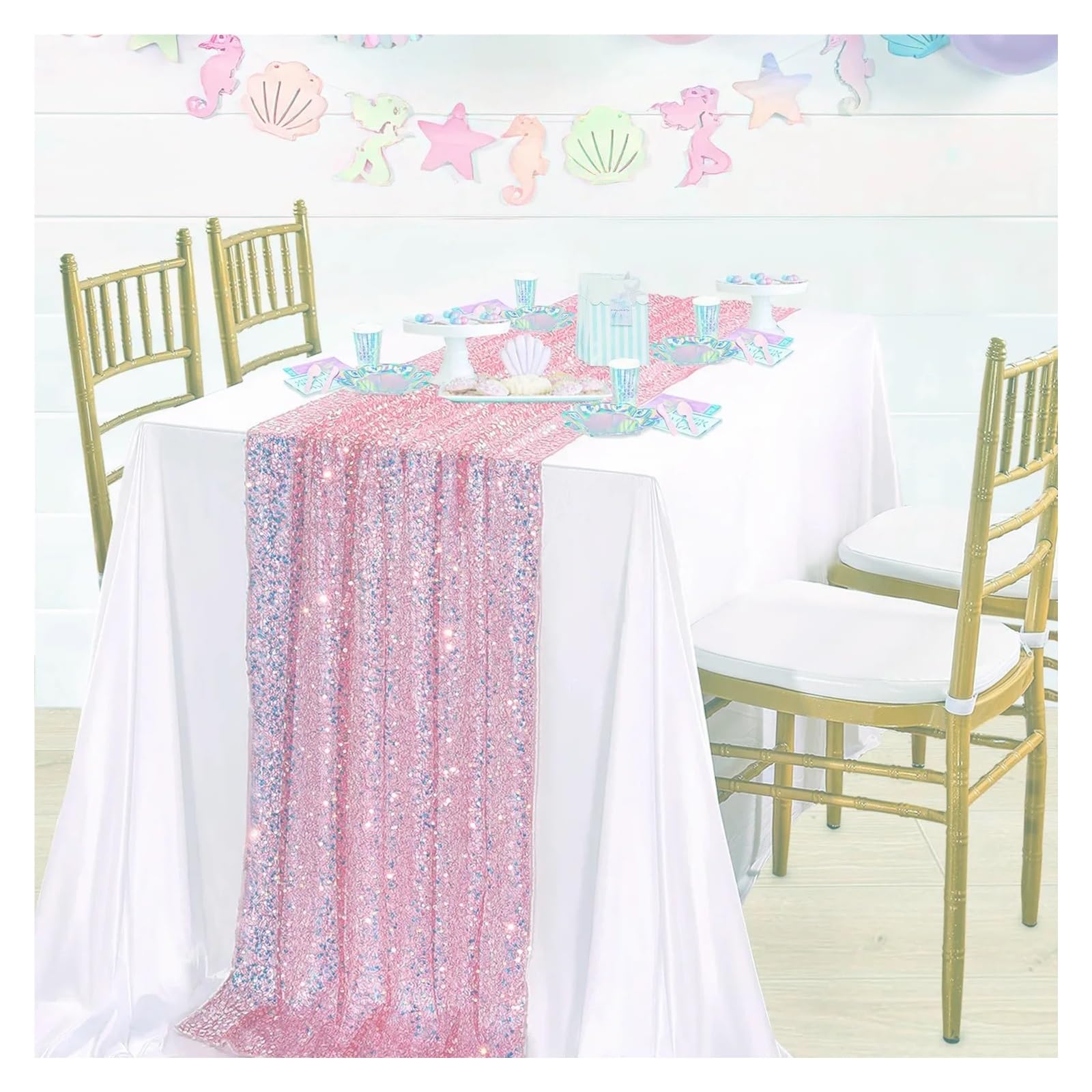 4 Caminos de Mesa con Lentejuelas iridiscentes y Brillantes, decoración for Comedor Boda, for cumpleaños Novia niña, Fiesta Bodas(Pink,30x275cm)
