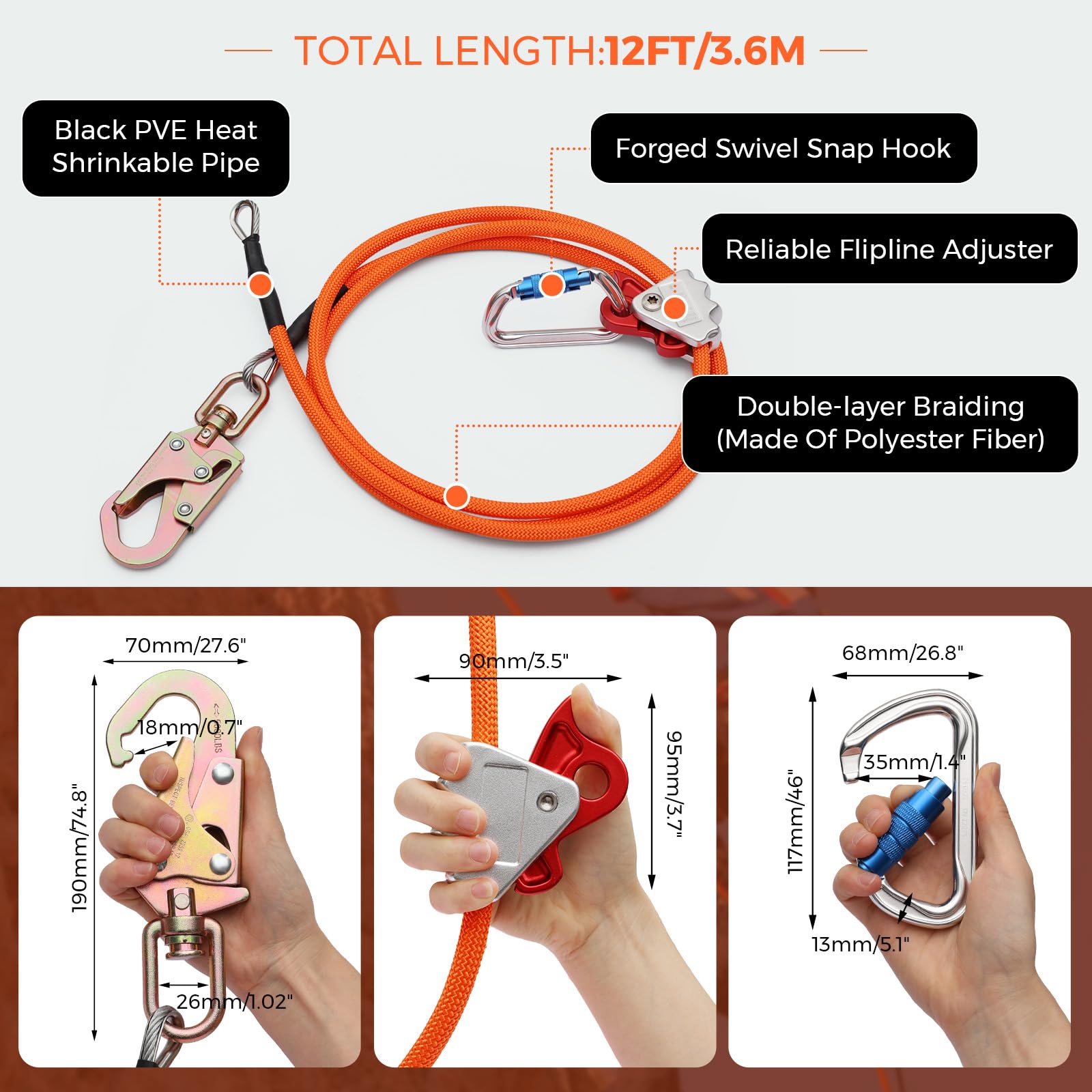 Cuerda de escalada de árbol de 1/2 pulgada x 12 pies con núcleo de acero con mosquetón de triple bloqueo, cierre giratorio de acero para protección contra caídas, mejor agarre, resistente a los
