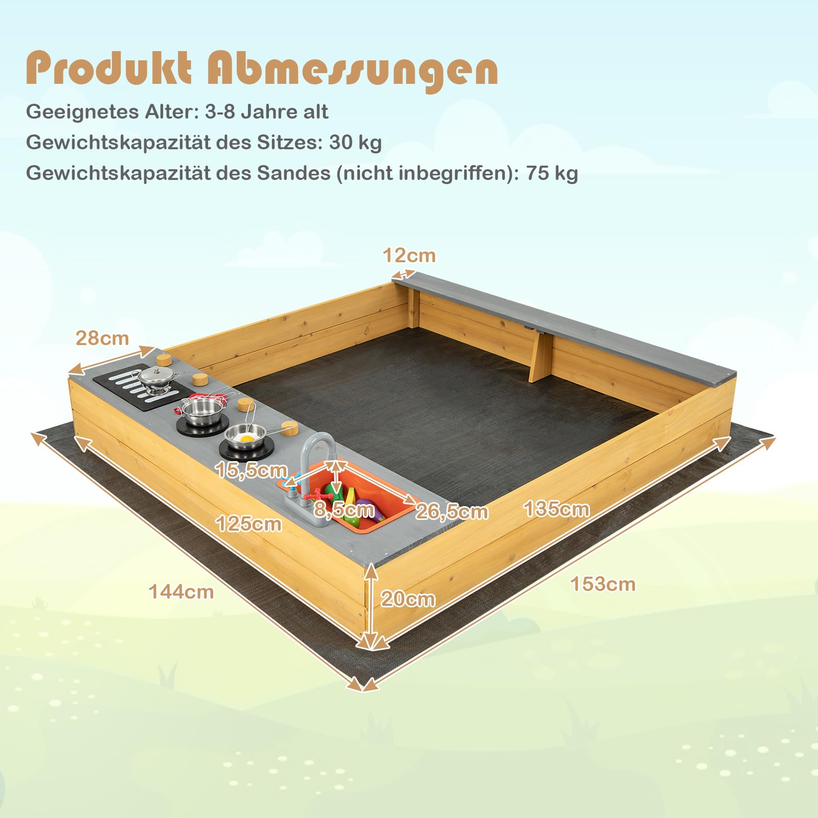 DREAMADE Sandkasten 135 x 125 x 20 cm, Outdoor-Sandkiste aus Tannenholz mit Bodenauskleidung & 9 Kochutensilien, kreativem Kochbereich & Sitzbank, Sandkasten groß für Hinterhof, Strand, Garten
