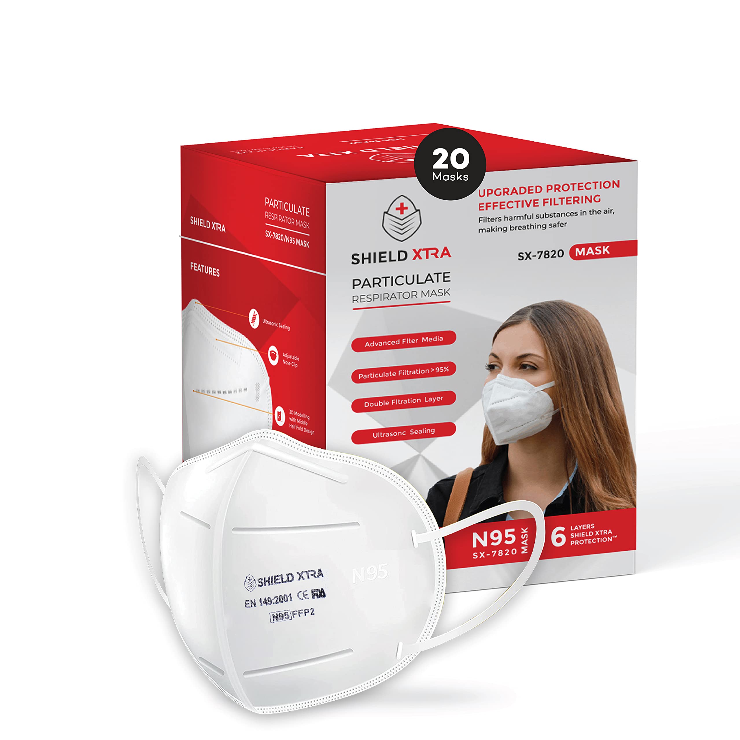 Shield Xtra Model No. SX-7820 Outermost Hydrophobic Spun Bound SSS Grade - 50 GSM Ear Loop Style N95 Anti-Pollution Face Mask with 6 Layered Filtration (Pack of 20, White) (B099KCSP3T) Amazon Price History, Amazon Price Tracker