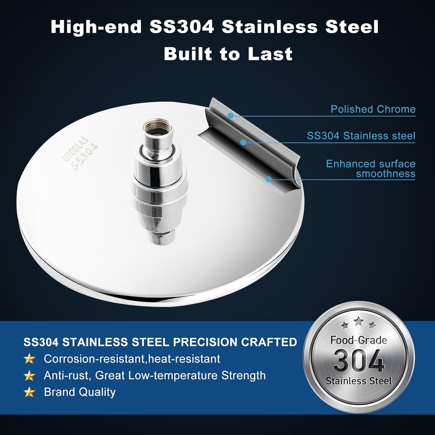 8 Inch Rain Shower Head All Metal, Thick Stainless Steel Round Fixed Showerhead, High Flow Rainfall Shower Head Replacement Optimized for Pressure