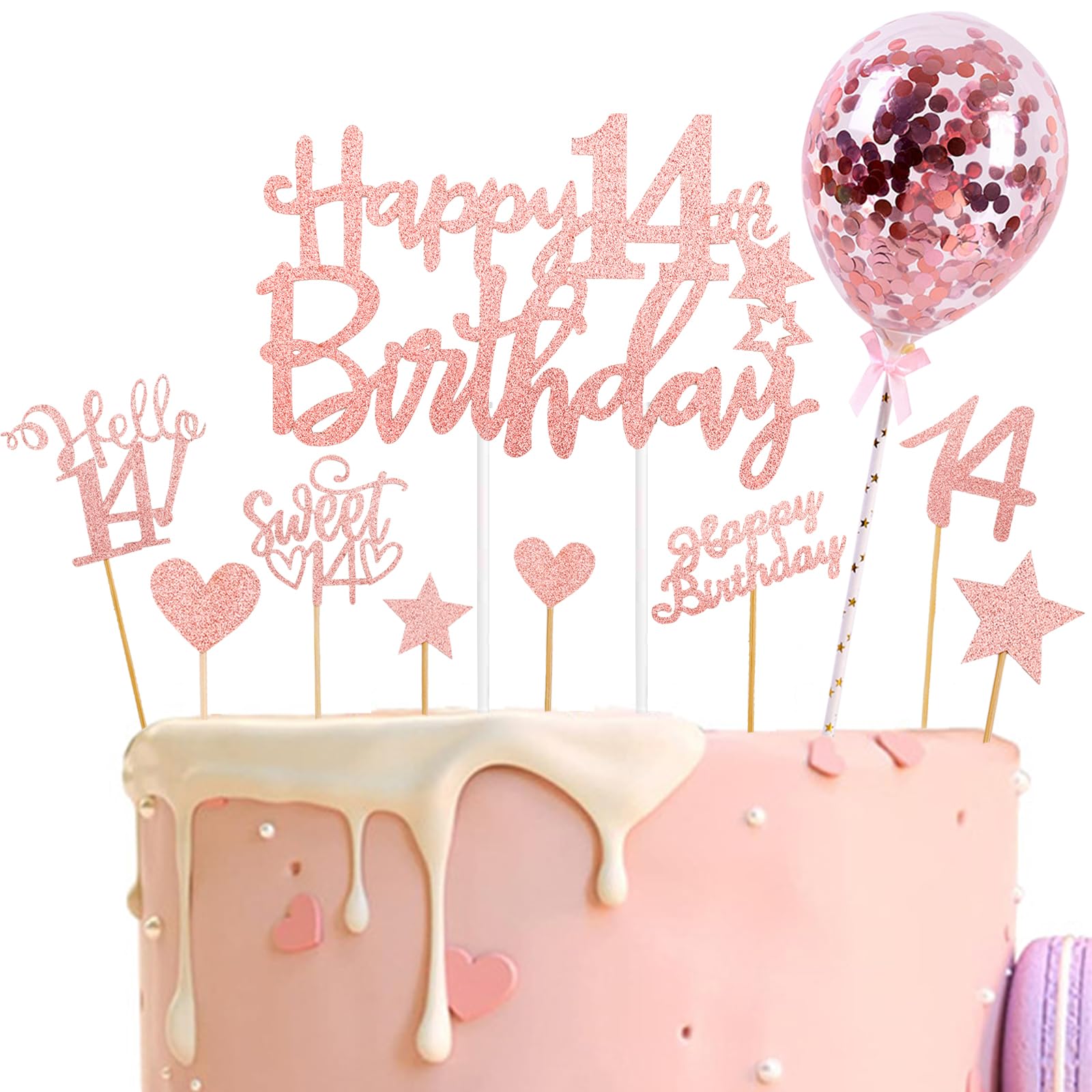Catelves Tortendeko 14 Geburtstag Mädchen,10 Stk Glitzer Kuchendeko Geburtstag 14 Jahre Mädchen,Happy 14th Birthday Cake Topper Roségold,Torten Deko 14 Jahre,Teenager 14 Geburtstagdeko